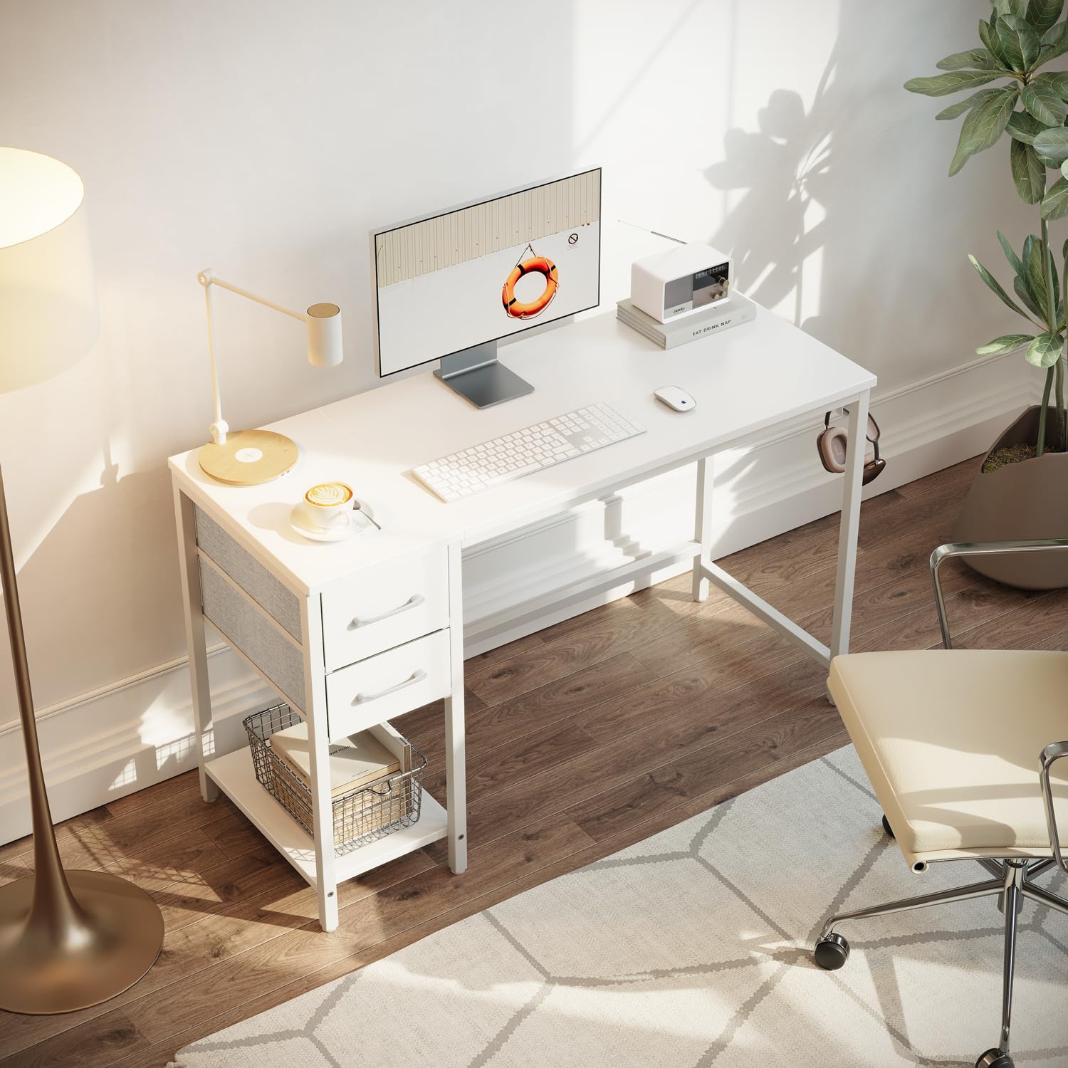 CubiCubi 40 Inch Small Computer Desk with 2 Drawers - Compact Home Office Desk, Study Writing Table for Small Spaces, White - Perfect for Home Office, Dorm Room & Apartment Workspace