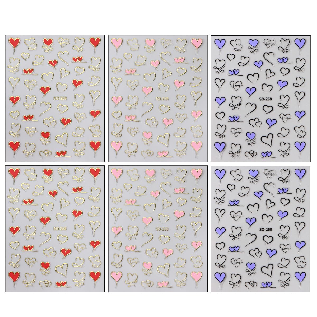 6 Sheets Heart Nail Art Stickers - 3D Self-Adhesive Valentine's Day Nail Decals for Women & Girls (Purple, Red, Pink) | Perfect for Holiday Nail Designs, DIY Manicures & Valentine's Day Nail Decorations