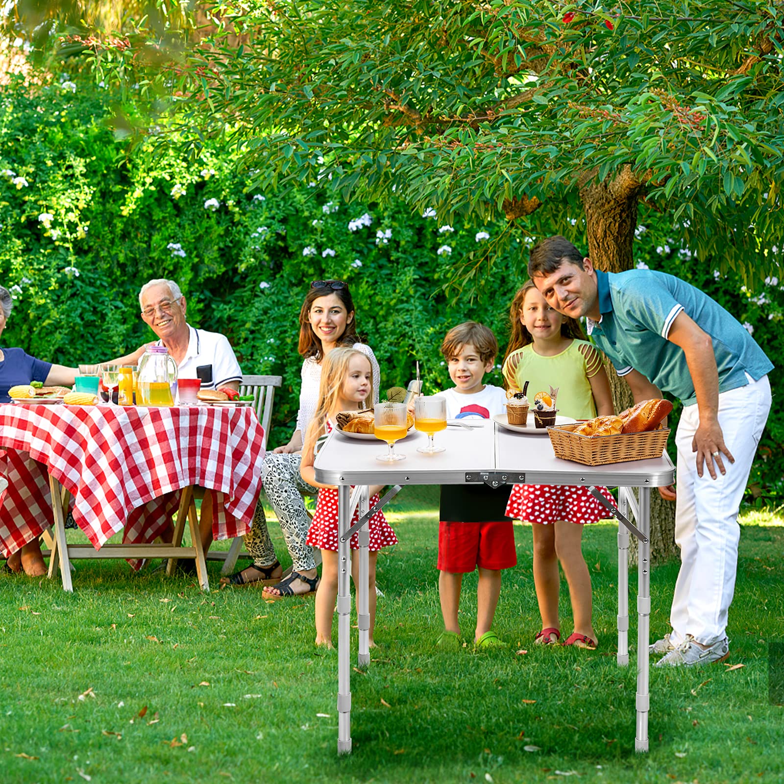 Goplus Aluminum Folding Table - Adjustable Height Portable Camping Table, Heavy Duty Small Card Table for Indoor Outdoor Use - Perfect for Dining, Parties, BBQ, Picnics and Camping Trips