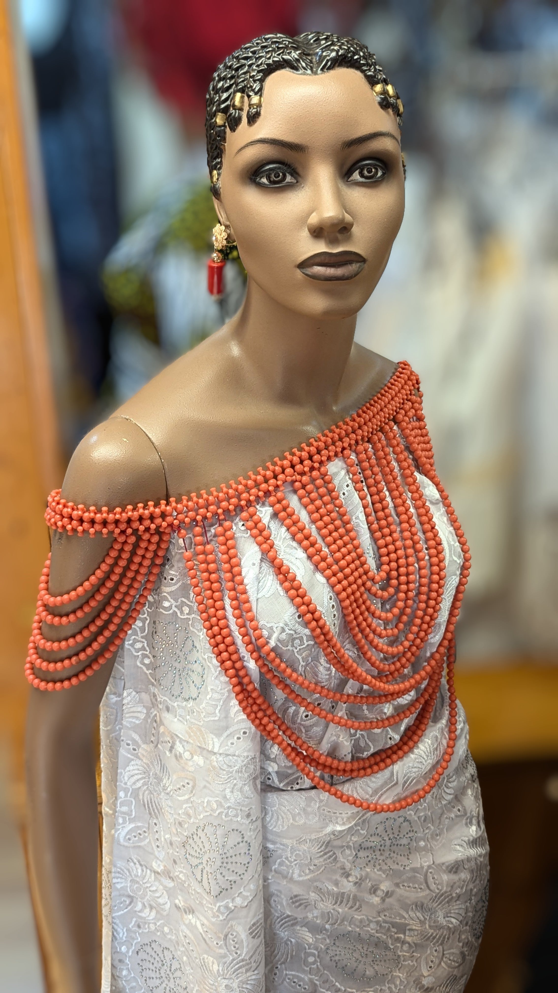 African Coral Red Igbo Edo Cape Shoulder Shrug Crop Top Blouse - Traditional Nigerian Igbo Edo Style Women's Fashion for Parties & Cultural Events