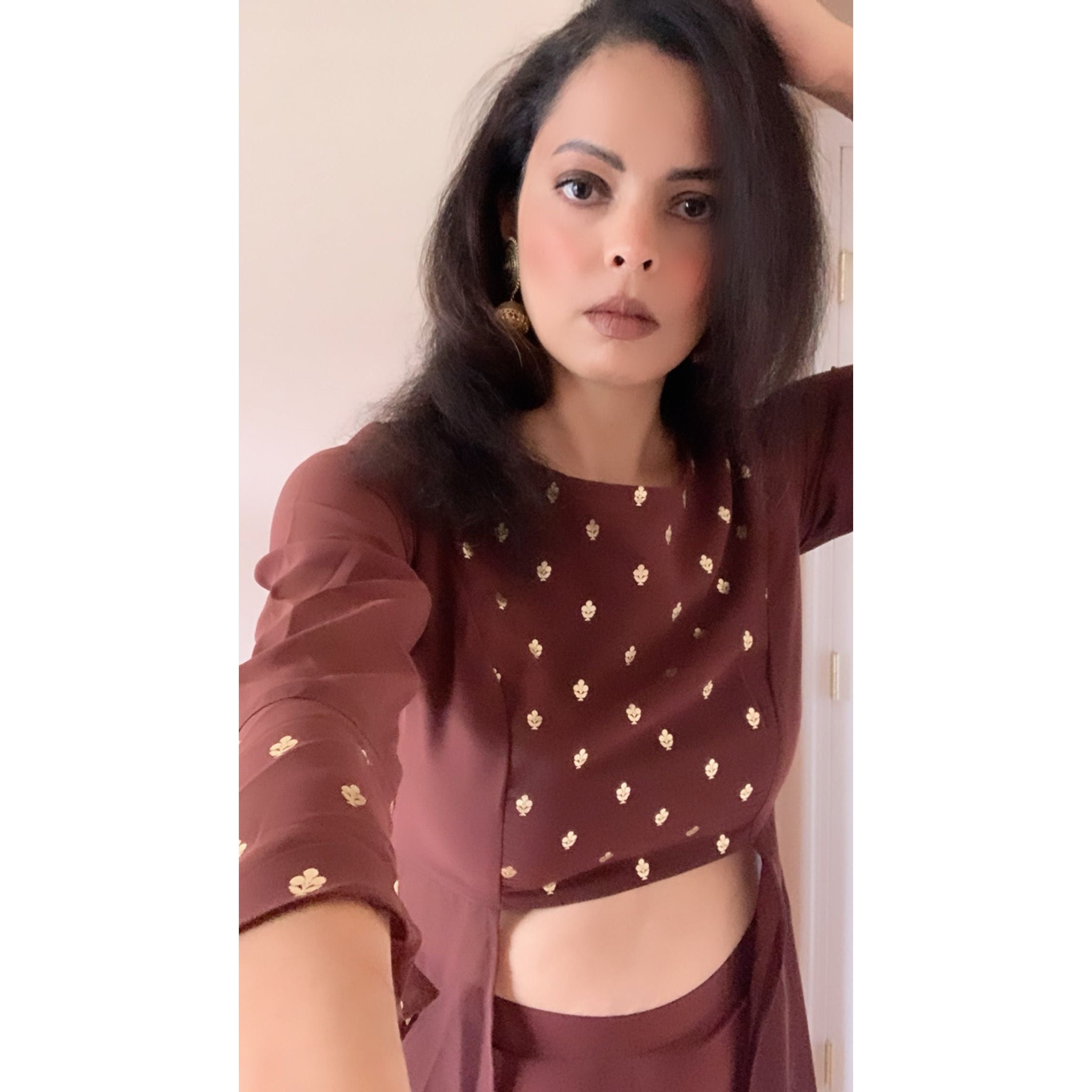 Elegant Brown & Gold 2-Piece Indian Fusion Outfit Set for Women | Ethnic Party Wear | Wedding Guest Outfit | Festival Fashion | Diwali & Holi Celebration Attire
