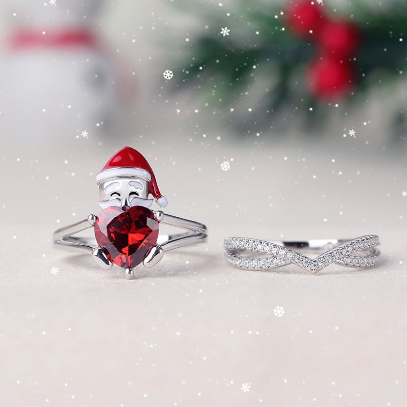 Jeulia Sterling Silver Santa Claus Heart Cut Ring Set for Women - Elegant Gift for Wife, Girlfriend, Engagement, Wedding, Anniversary, Christmas & Birthday - Comes with Jewelry Box | Perfect for Romantic Occasions, Holiday Gifting & Special Celebrations