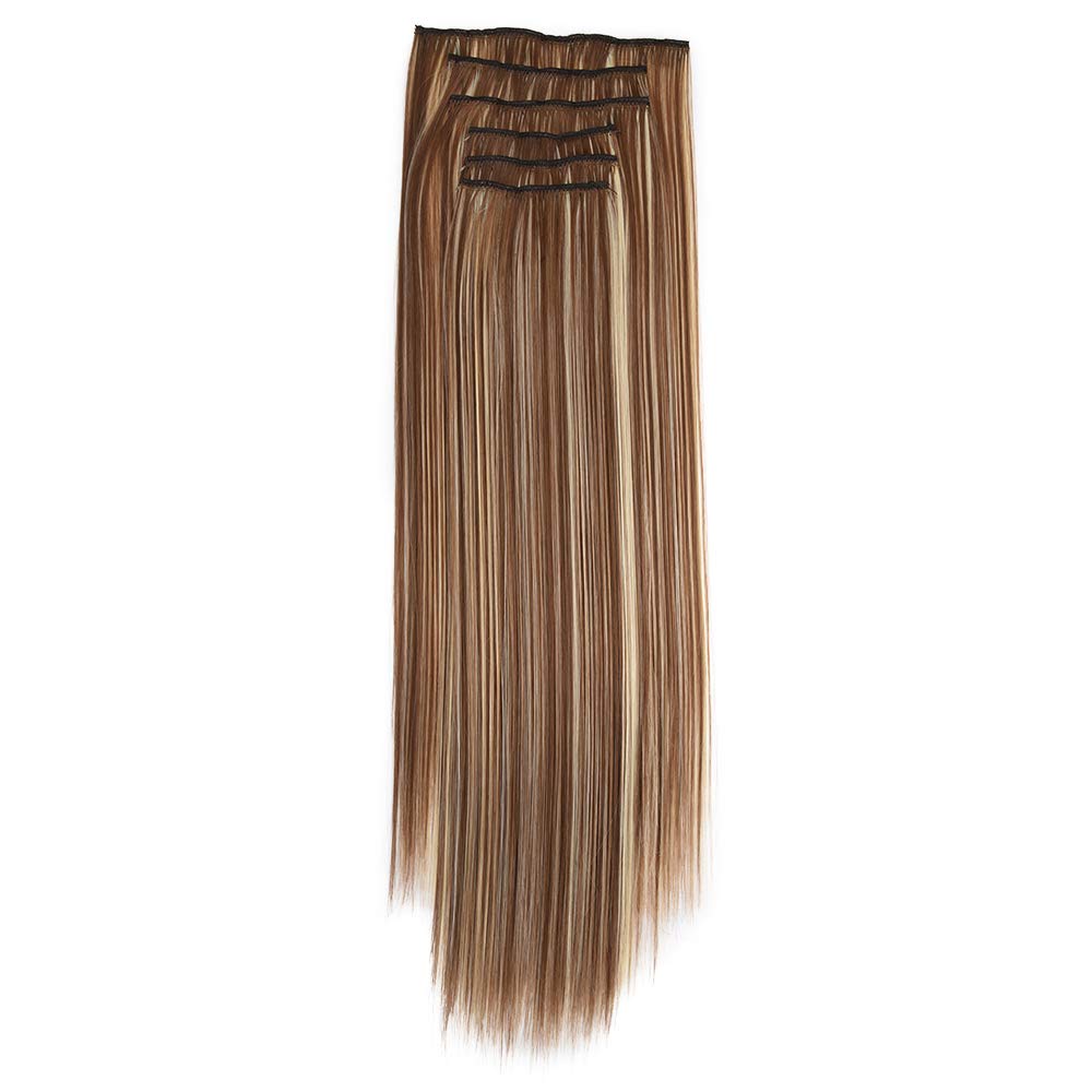 6Pcs Clip in Hair Extensions - 16 Clips Straight Synthetic Hairpiece 22 Inch Double Weft - Chestnut Brown & Bleach Blonde #6/613 - Perfect for Daily Styling, Parties & Special Occasions