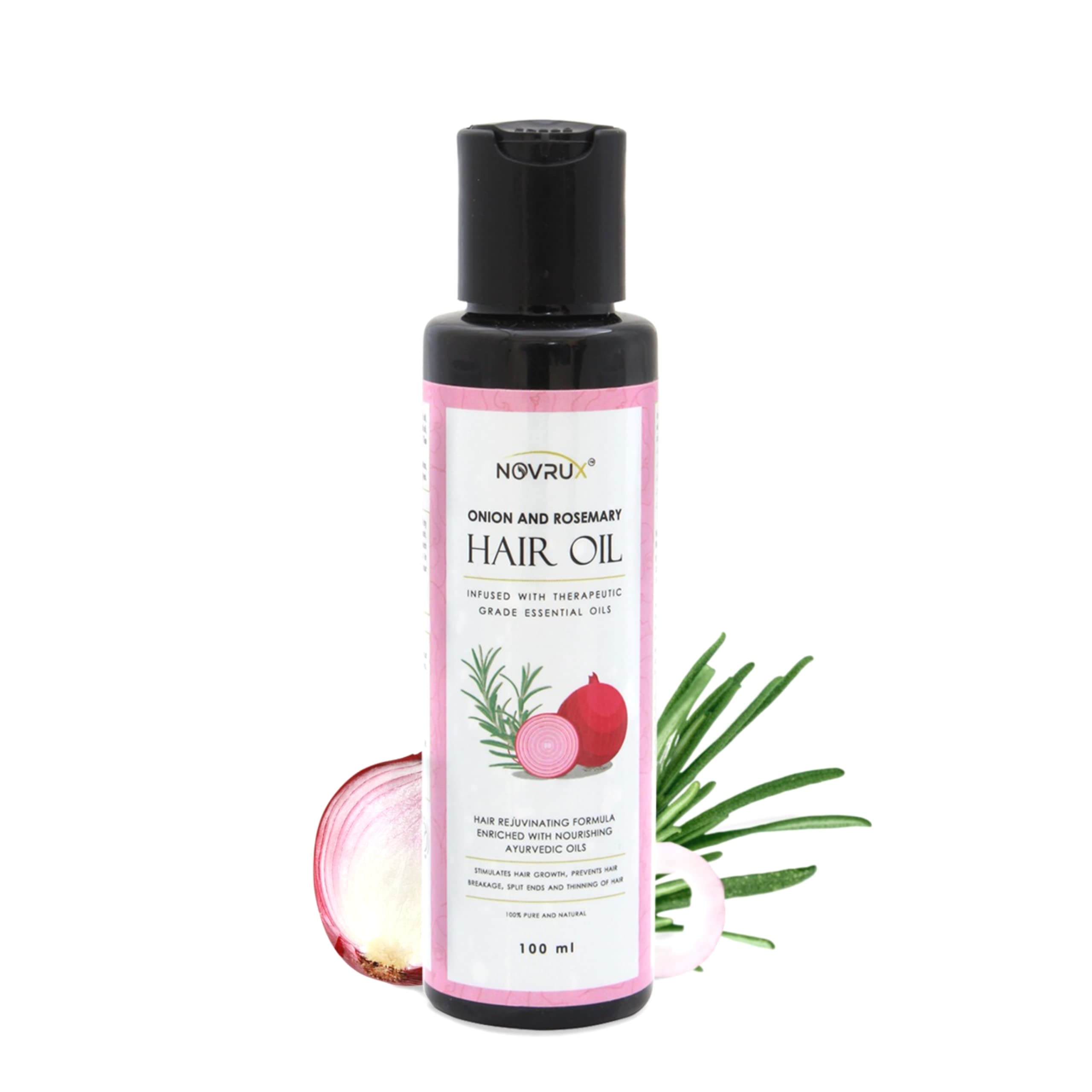Novrux Onion and Rosemary Hair Oil - 100% Pure Natural Ayurvedic Hair Treatment with Plant-Based Ingredients for Healthy Hair Growth | Suitable for All Hair Types (100ml) | Perfect for Daily Hair Care, Scalp Massage & Damaged Hair Repair