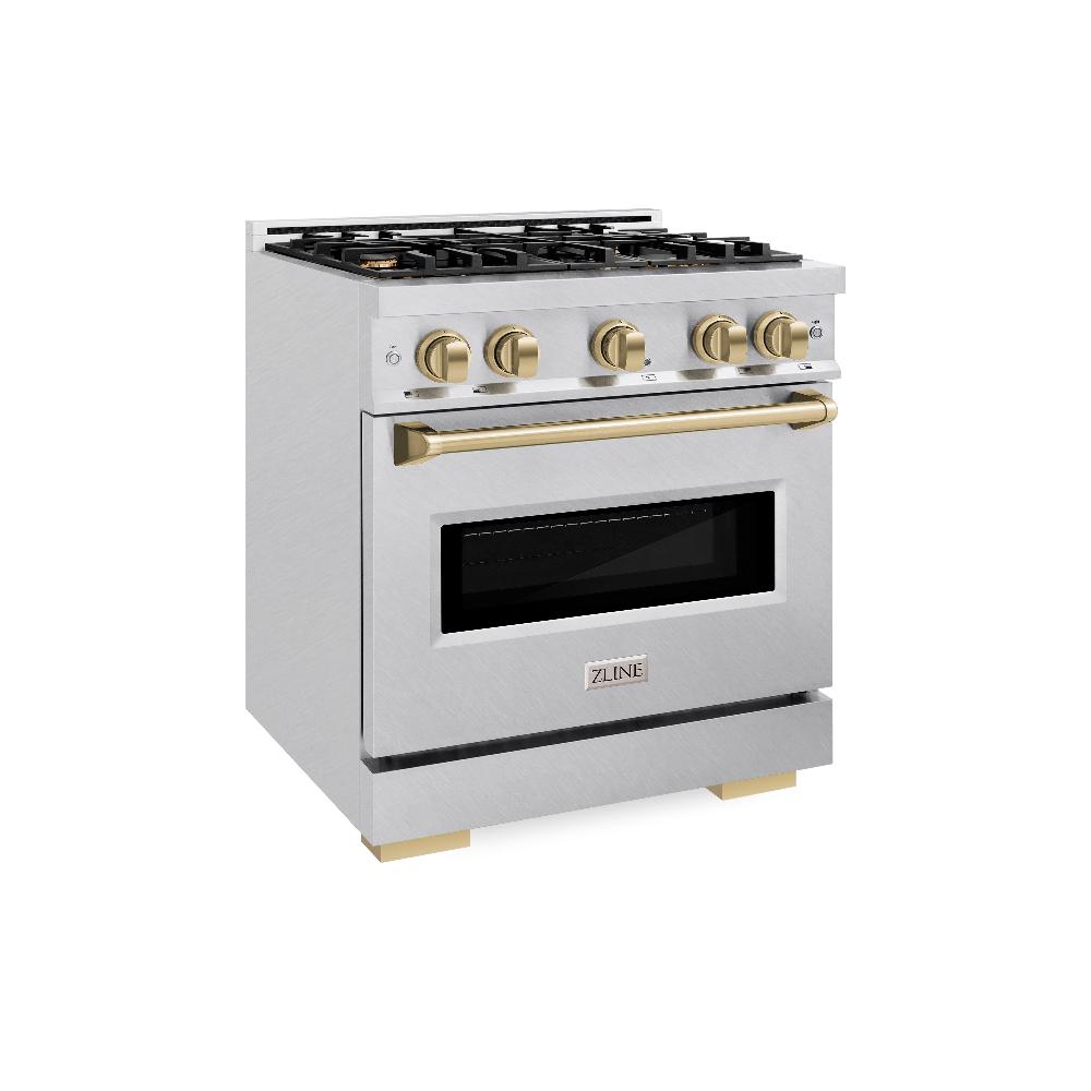 ZLINE Autograph Edition 30-inch 4.2 cu. ft. Classic Gas Range with 4 Burner Cooktop & Convection Gas Oven - Satin Stainless Steel with Champagne Bronze Accents (CGRSZ 30 CB) | Perfect for Home Kitchens & Professional Cooking