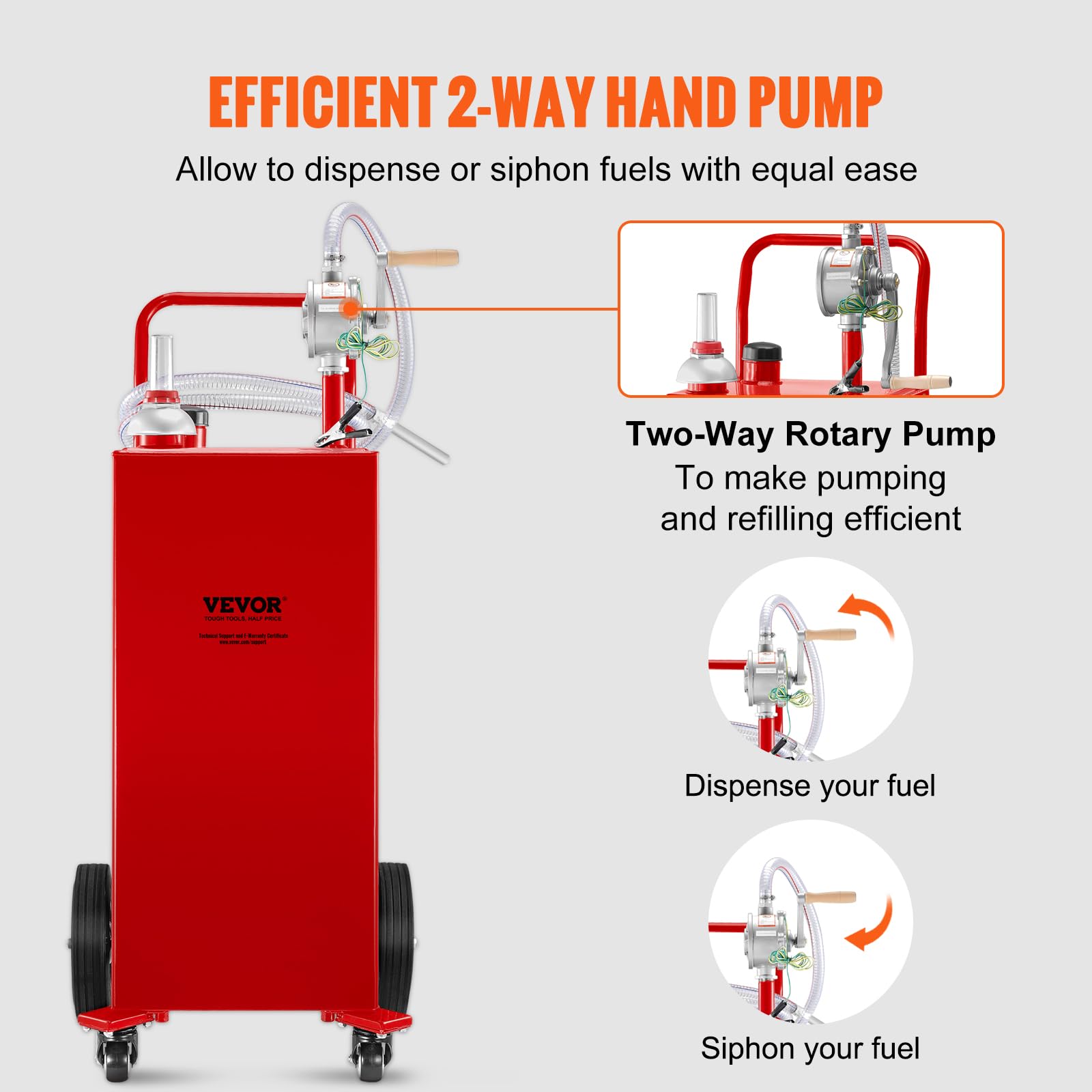 VEVOR 30 Gallon Fuel Caddy with Manual Transfer Pump - Portable Gasoline & Diesel Storage Tank on 4 Wheels - Heavy Duty Fuel Container for Cars, Lawn Mowers, ATVs, Boats, Generators - Ideal for Home, Farm & Worksite Use