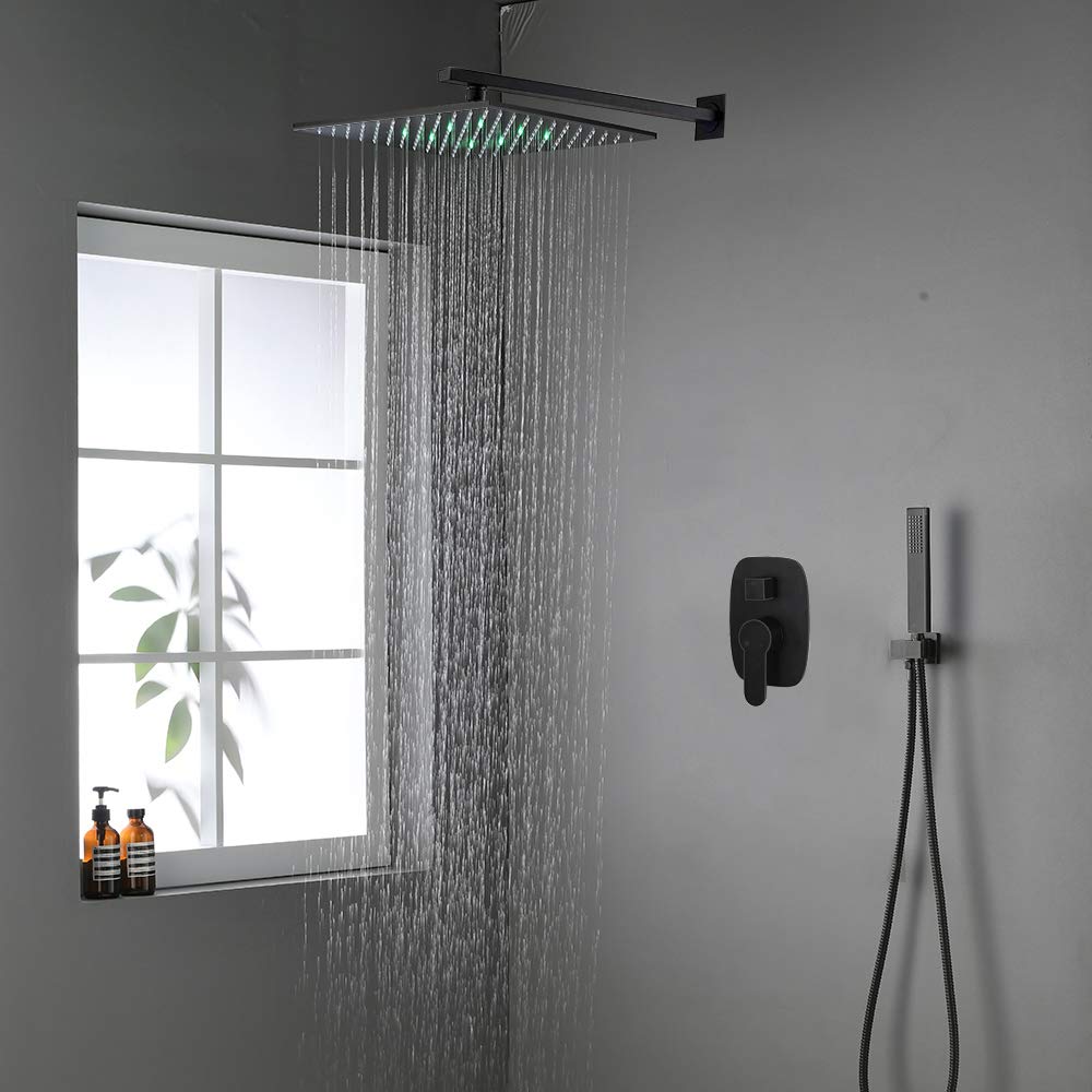 AYIVG Matte Black 12 Inch LED Square Rainfall Shower Head - Wall Mounted Brass Shower System with Adjustable Settings for Luxurious Spa Experience in Modern Bathrooms