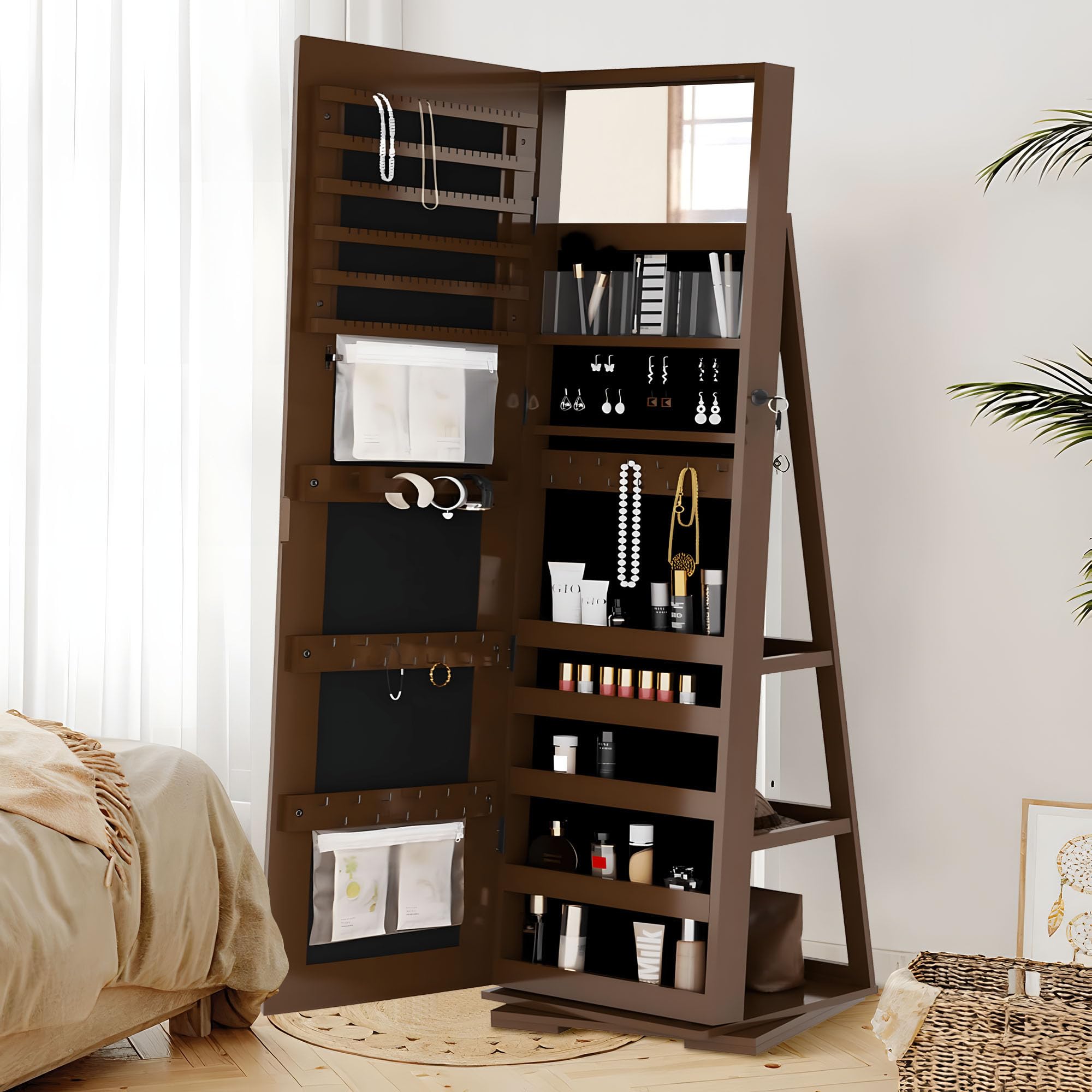 SOGES 360° Swivel Jewelry Mirror Cabinet with Back Storage Shelves - Full Length Rotating Mirror with Lockable Jewelry Organizer & Armoire - Brown | Perfect for Bedroom, Dressing Room & Closet Organization