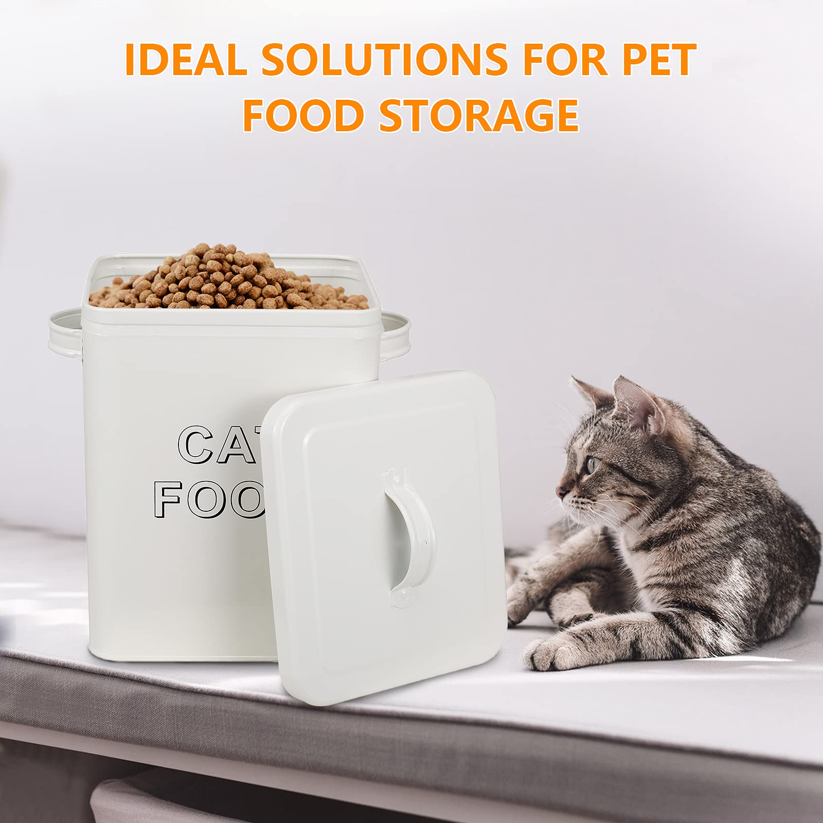 Premium Cat Food and Treat Storage Containers with Scoop - Airtight Wood Lids & Coated Carbon Steel Canisters for Fresh Pet Food - Perfect for Kitchen Pantry or Pet Feeding Station (White)