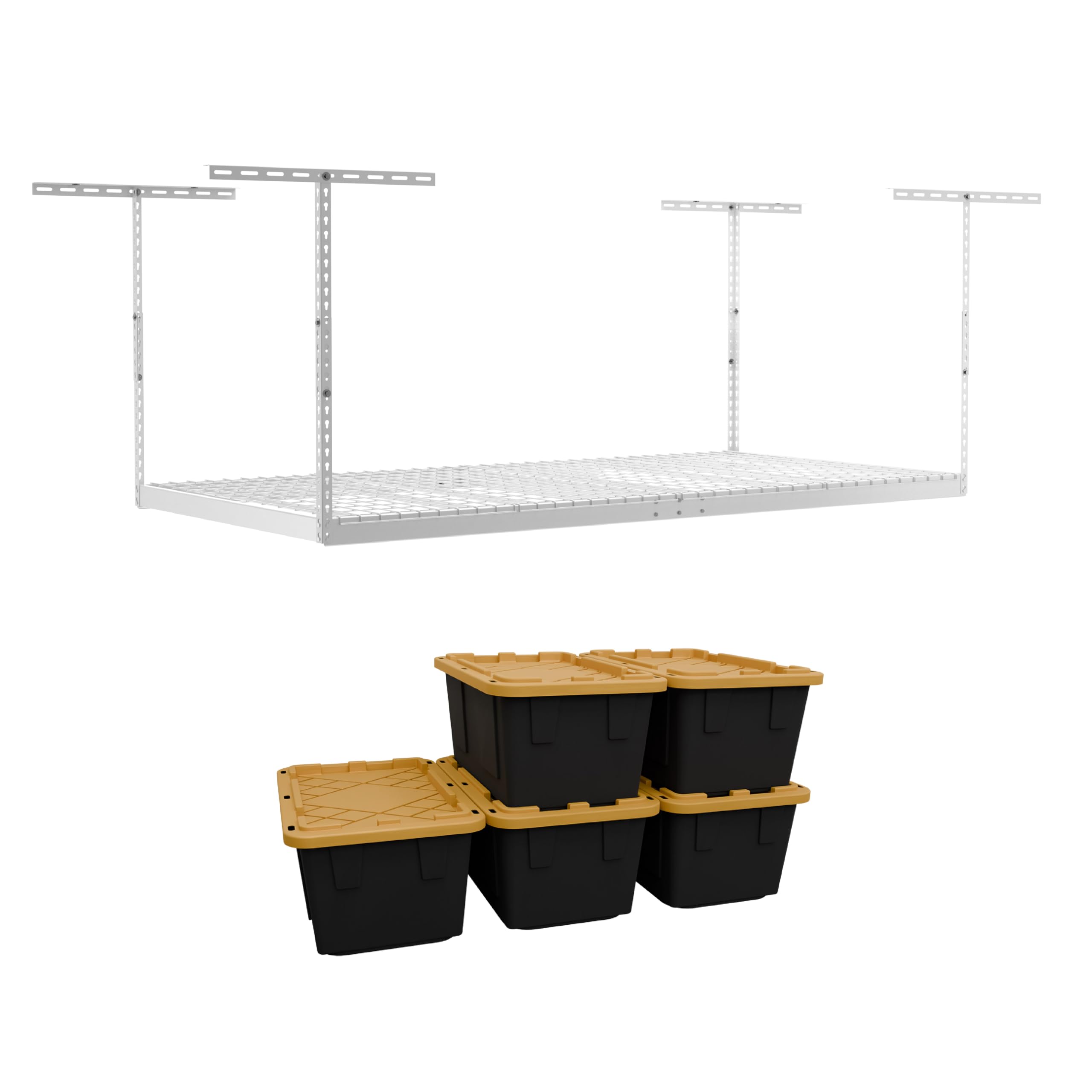 MonsterRAX 4x8 Overhead Storage Rack with Bins & Accessory Bundle - 4’ x 8’ Garage Organization System (White, 24