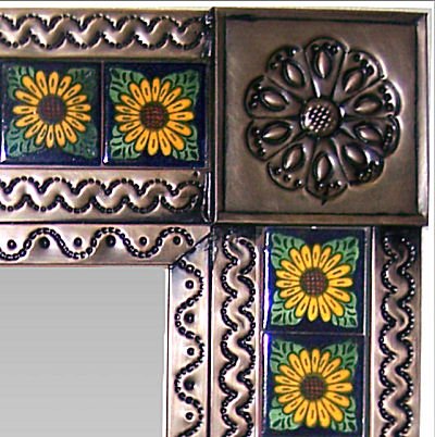 Handmade Talavera Sunflower Tile Tin Mirror - Mexican Folk Art Wall Decor for Bathroom, Kitchen, or Outdoor Patio