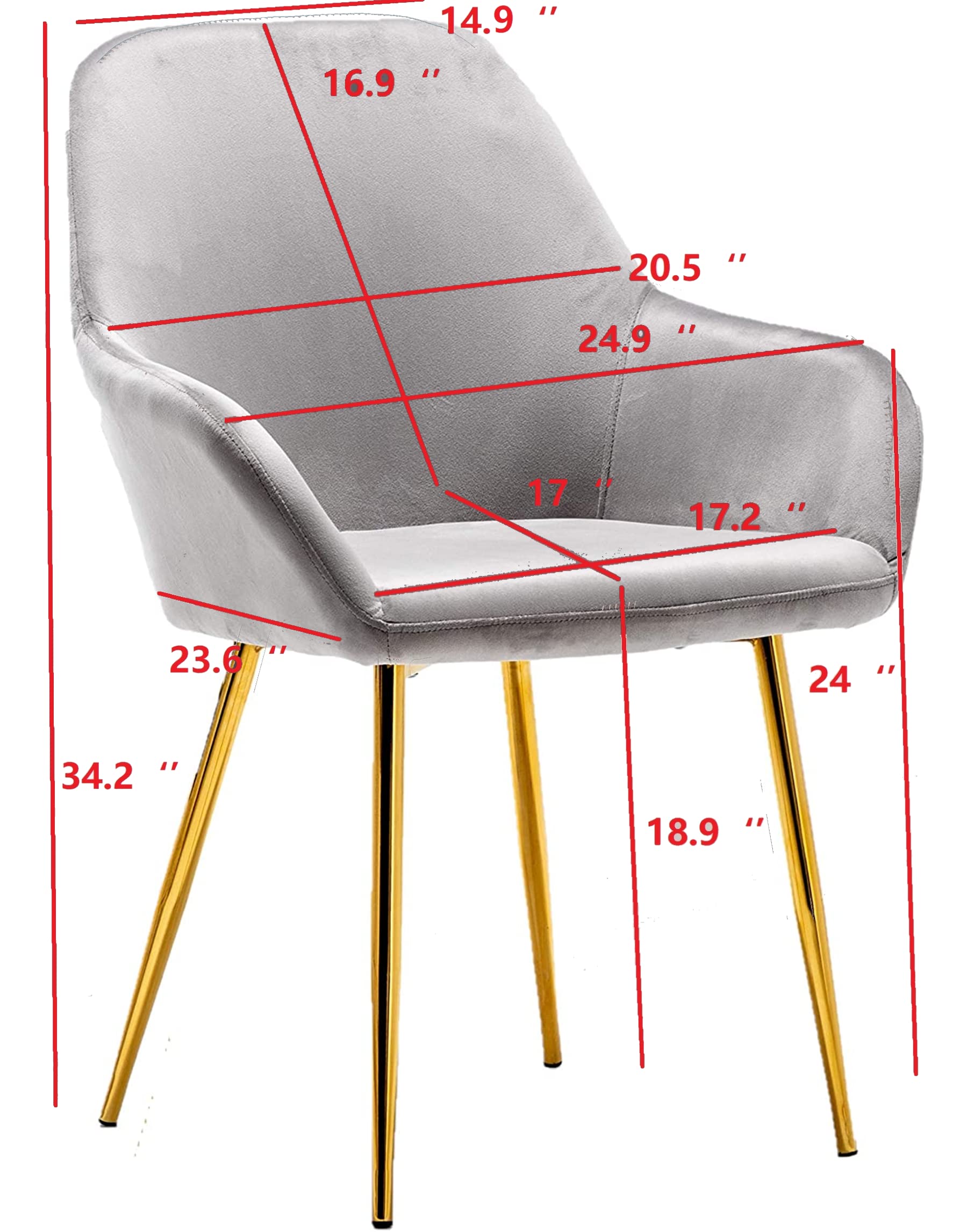 BTEXPERT Modern Golden Leg Dark Mid-Back Accent Chairs - Set of 2 Gray Velvet Upholstered Armchairs with Gold Plated Legs for Living Room, Dining Room & Lounge Areas - Perfect for Home Decor, Relaxation and Entertaining Guests