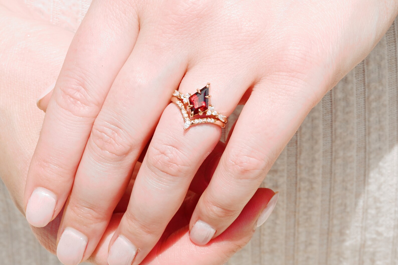 14K Rose Gold Vermeil Red Garnet Engagement Ring Set - Elegant Wedding & Promise Jewelry for Women