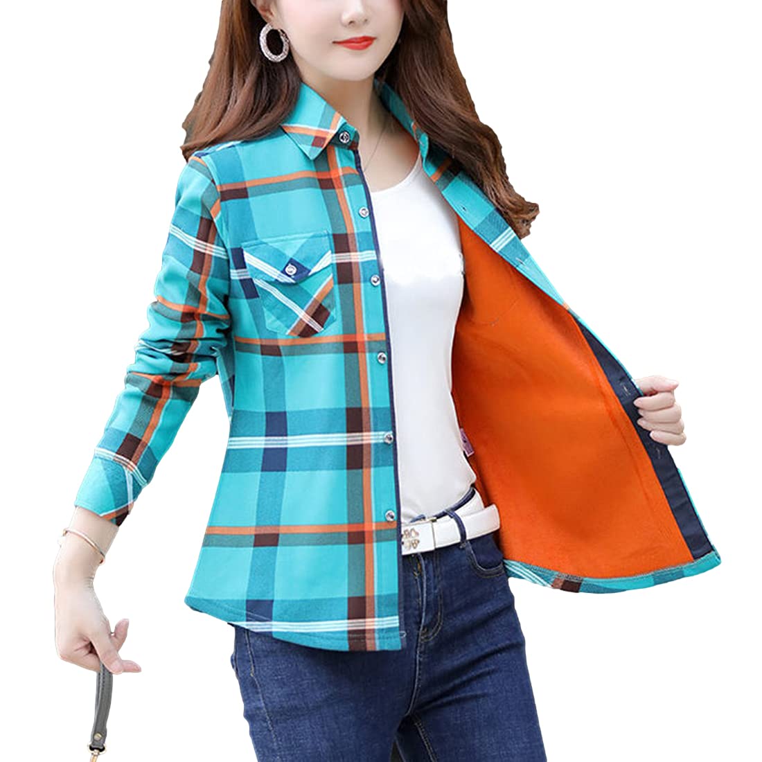 Omoone Women's Vintage Sherpa Fleece Lined Long Sleeve Plaid Shirt Jacket - Warm Loose Fit Flannel Coat for Winter Outdoor Hiking & Casual Streetwear