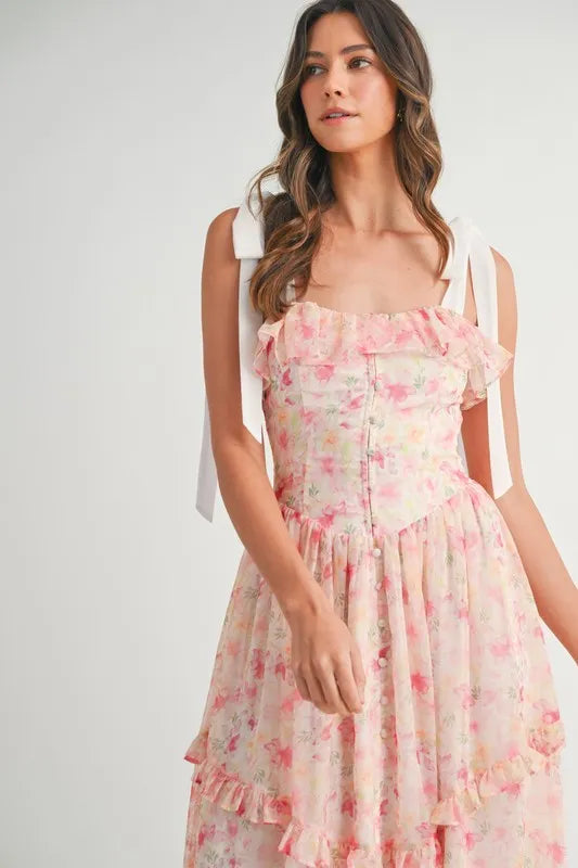 Floral Blush Pink Shoulder Strap Midi Summer Dress - Women's Flowy Casual Sundress for Beach, Vacation & Outdoor Parties