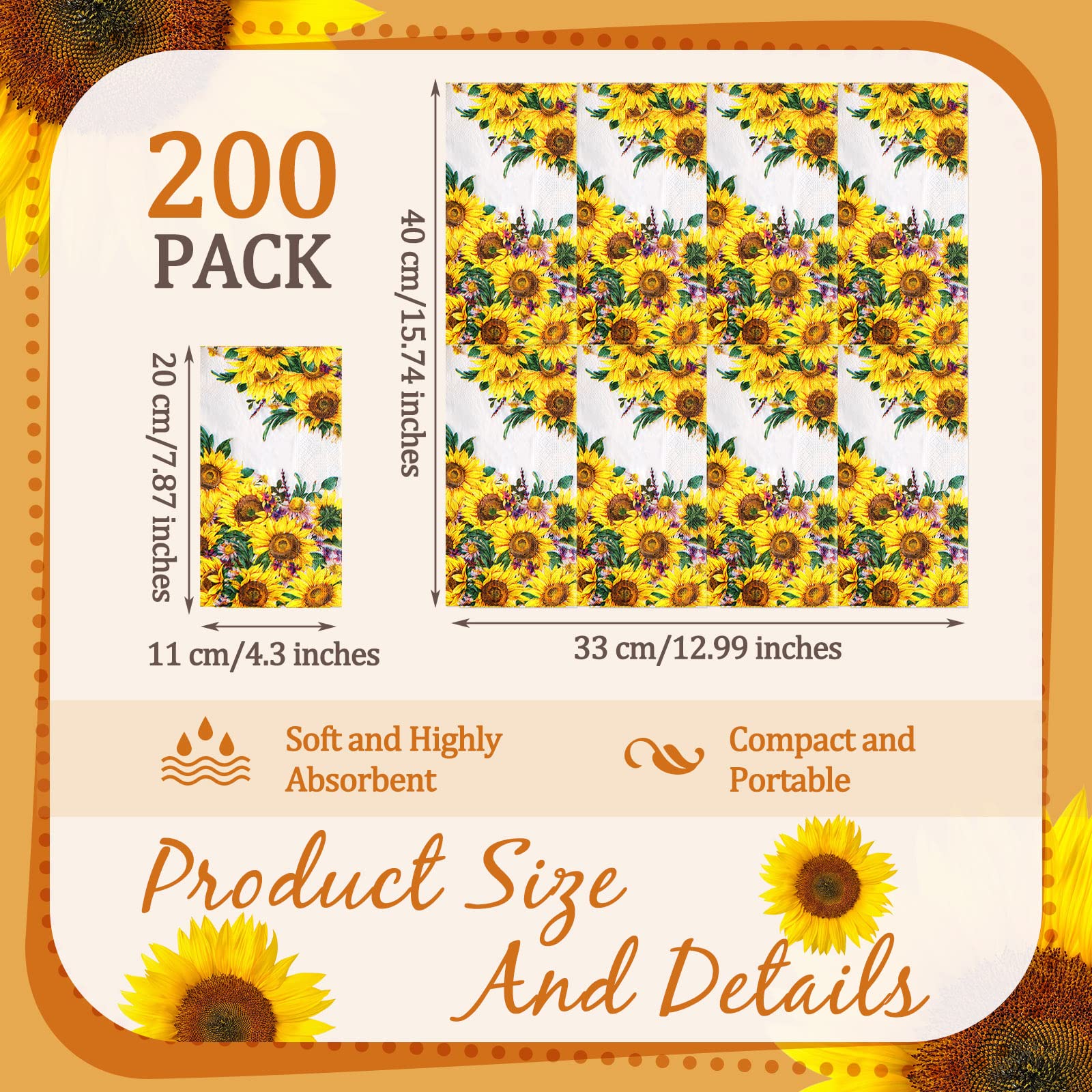 Jetec 200 Count Disposable Paper Guest Towels - Premium Bathroom Hand Towels with Butterfly Flower Bird Design, Perfect for Birthday Parties, Holiday Events & Home Bathroom Use (Sunflower Pattern) | Soft, Absorbent & Hygienic Napkins for Guests & Everyday Use