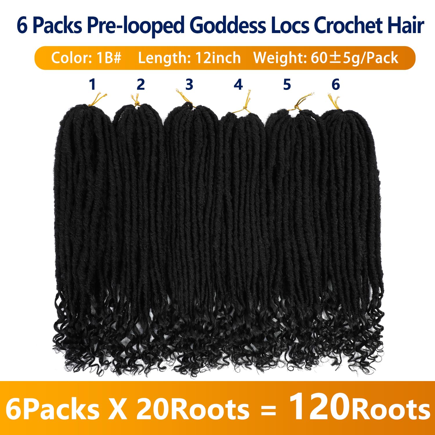 12 Inch Goddess Locs Crochet Hair - 6 Packs Straight Faux Locs for Black Women, Soft Synthetic Braiding Hair Extensions, Pre-Looped Curly Hair in 1B# for Everyday Wear, Parties, and Special Occasions