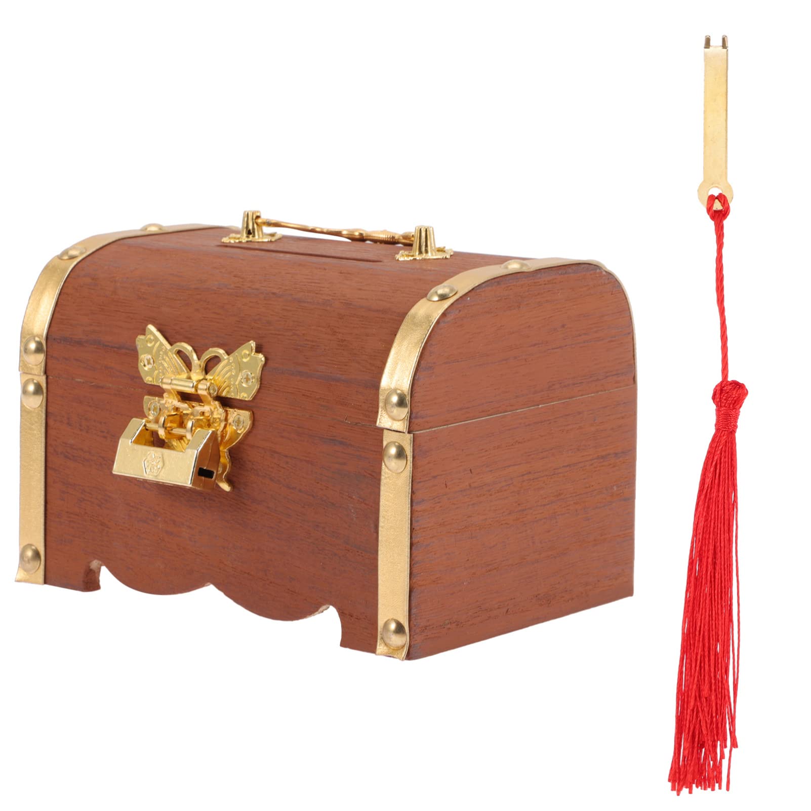 Wooden Savings Bank Box with Lock and Key - Mini Treasure Chest Coin Storage Organizer - Vintage Piggy Bank for Kids & Adults - Safe Money Box for Home, Office, or Gift (Brown)