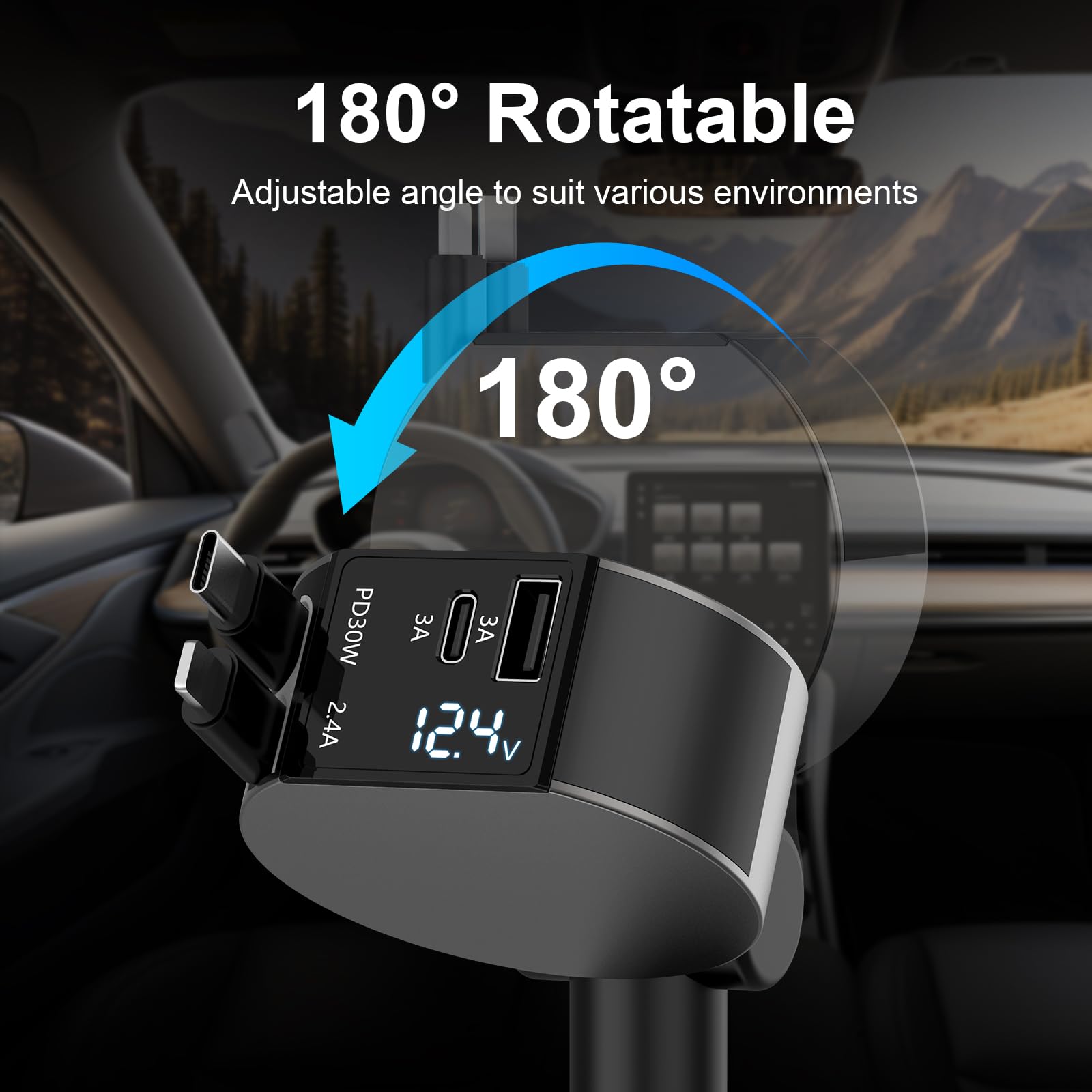 Leinsis 65W 4-in-1 Retractable Car Charger with USB-C & Lightning Ports - Fast Charging for iPhone 16/15/14/13/12/11, Galaxy, Pixel - Perfect for Road Trips & Daily Commutes