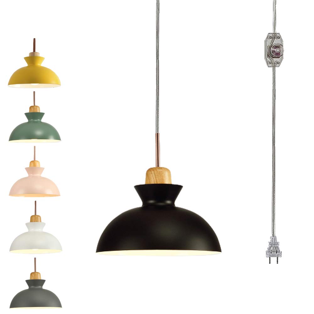 Nordic Minimalist Wooden Handle Pendant Light with 20ft Plug-in Cord & UL Dimmer Switch - Macaron Black Lampshade for Living Room, Bedroom, Dining Area - Loft Style Hanging Fixture (Bulbs Not Included) - Perfect for Modern Home Decor and Cozy Ambiance Lighting