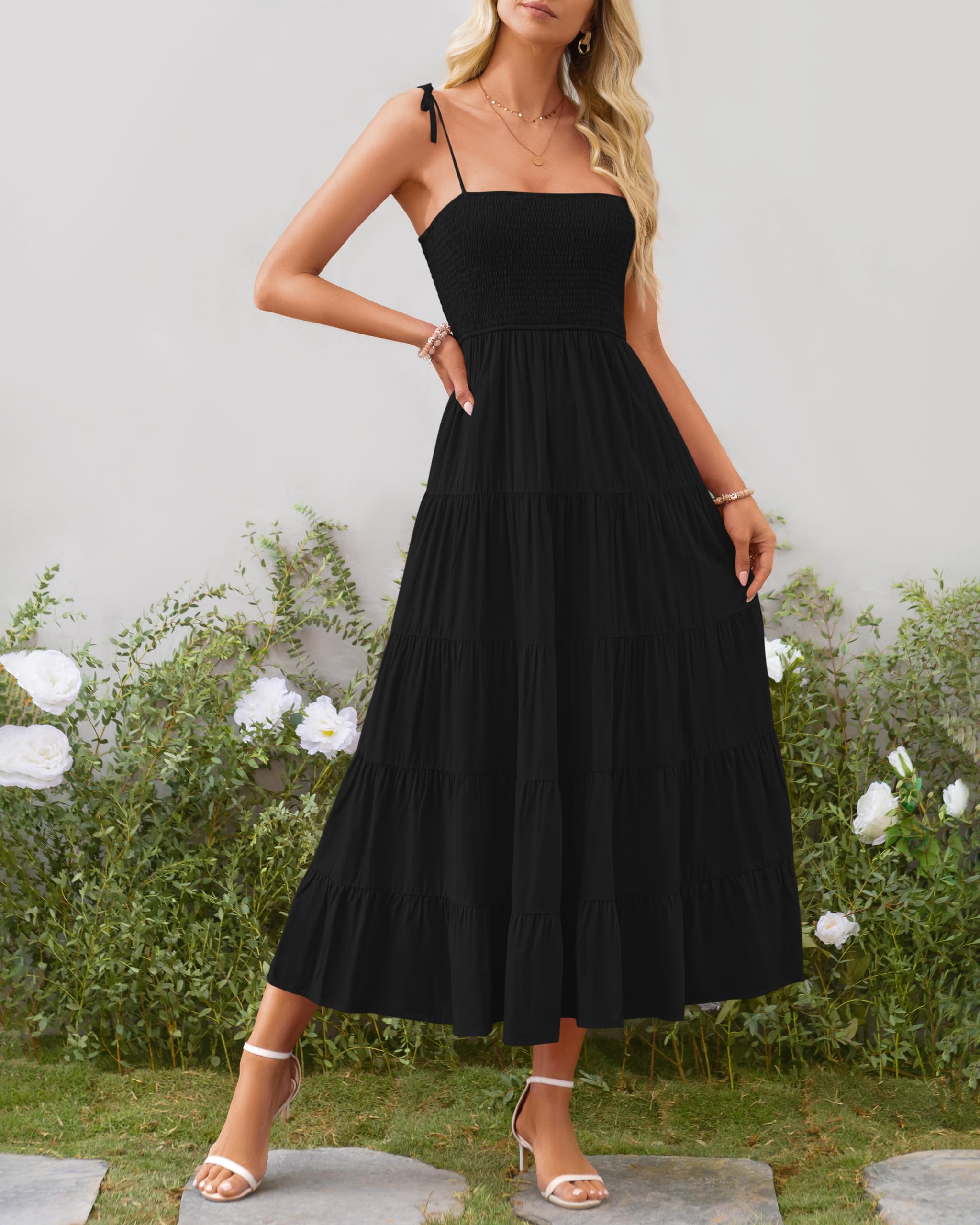 PRETTYGARDEN Women's Summer Dresses 2025 - Spaghetti Strap Sleeveless Backless Smocked A-Line Boho Flowy Midi Dress for Beach, Vacation, Party & Casual Wear