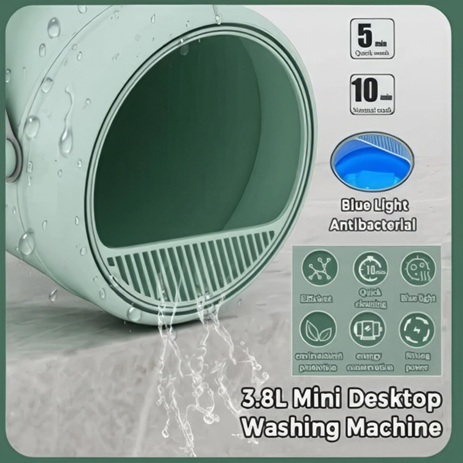Mini Automatic Washing Machine 3.8L - Portable Travel Washer for Underwear, Socks, Baby Clothes - Compact Laundry Solution for Camping, Dorms, RV & Small Apartments (Green)