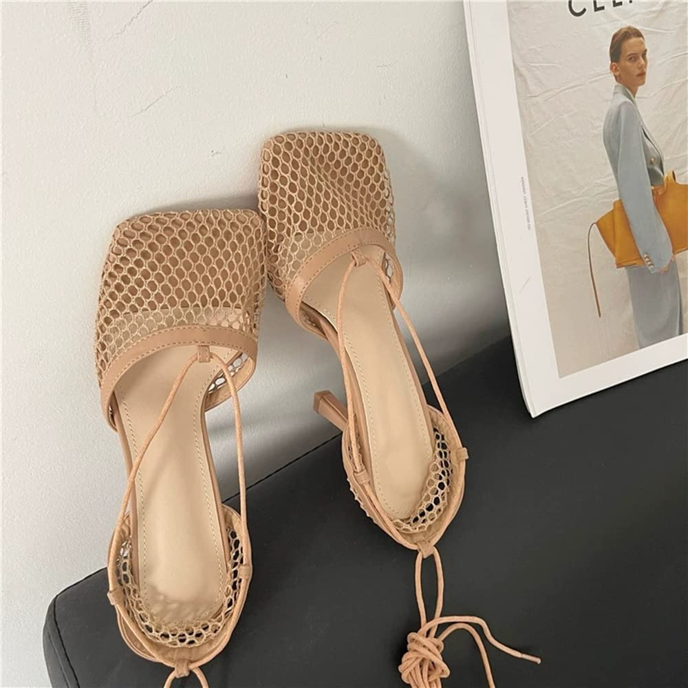 Sexy Women's Strap-Up Heels Sandals with Square Toe & Rhinestones - Net Heels for Parties, Weddings & Evening Events (Black/Nude/Pink/White, Sizes 6-10)