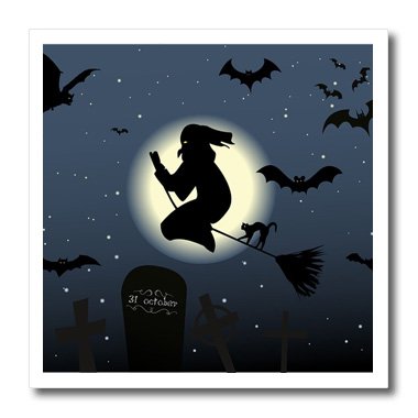 3D Rose HT-211699-2 Witch on Broom with Bats Flying Iron-On Heat Transfer - 6x6 Inch - Perfect for Halloween T-Shirts, Tote Bags & DIY Costume Decorations