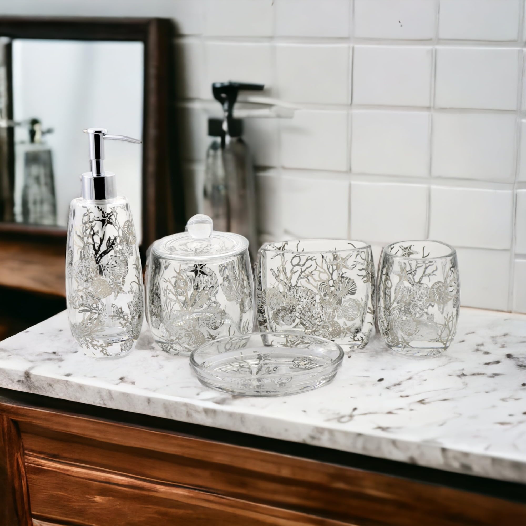 5-Piece Glass Bathroom Accessories Set with Antler Design - Nature Inspired Home Decor for Bathroom, Spa, and Cabin Style Decorating