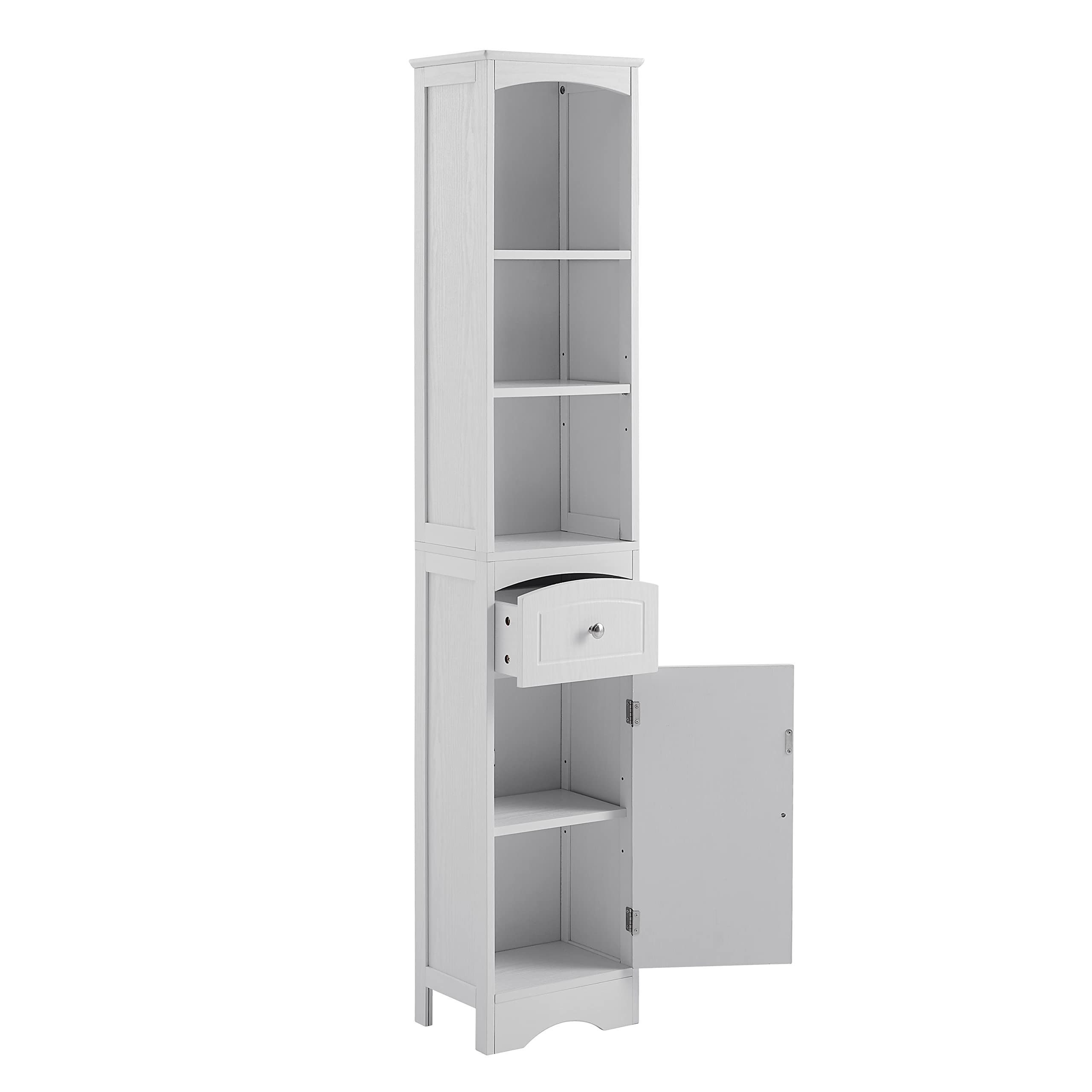 Tall Bathroom Storage Cabinet with Doors, Drawer & Shelves - Narrow Slim Floor Standing Linen Tower Organizer for Towels, Toiletries & Cleaning Supplies - White (Perfect for Small Bathrooms & Laundry Rooms)