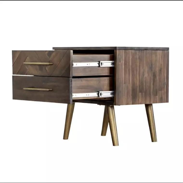 LEAH Solid Acacia Wood Herringbone Nightstand - Rustic Bedside Table for Bedroom, Living Room & Home Decor