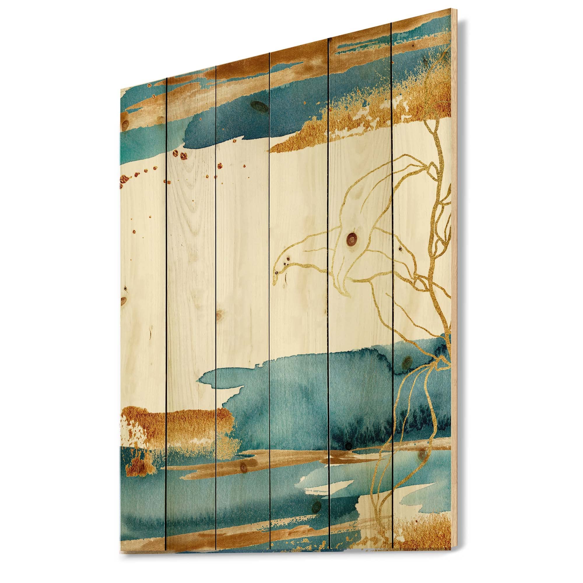 DesignQ Golden Laminaria Branch & Leaves Wood Wall Art - Handcrafted Blue Floral Wall Decor Panel Printed on Natural Pine Wood - Perfect for Living Room, Bedroom & Office Decoration