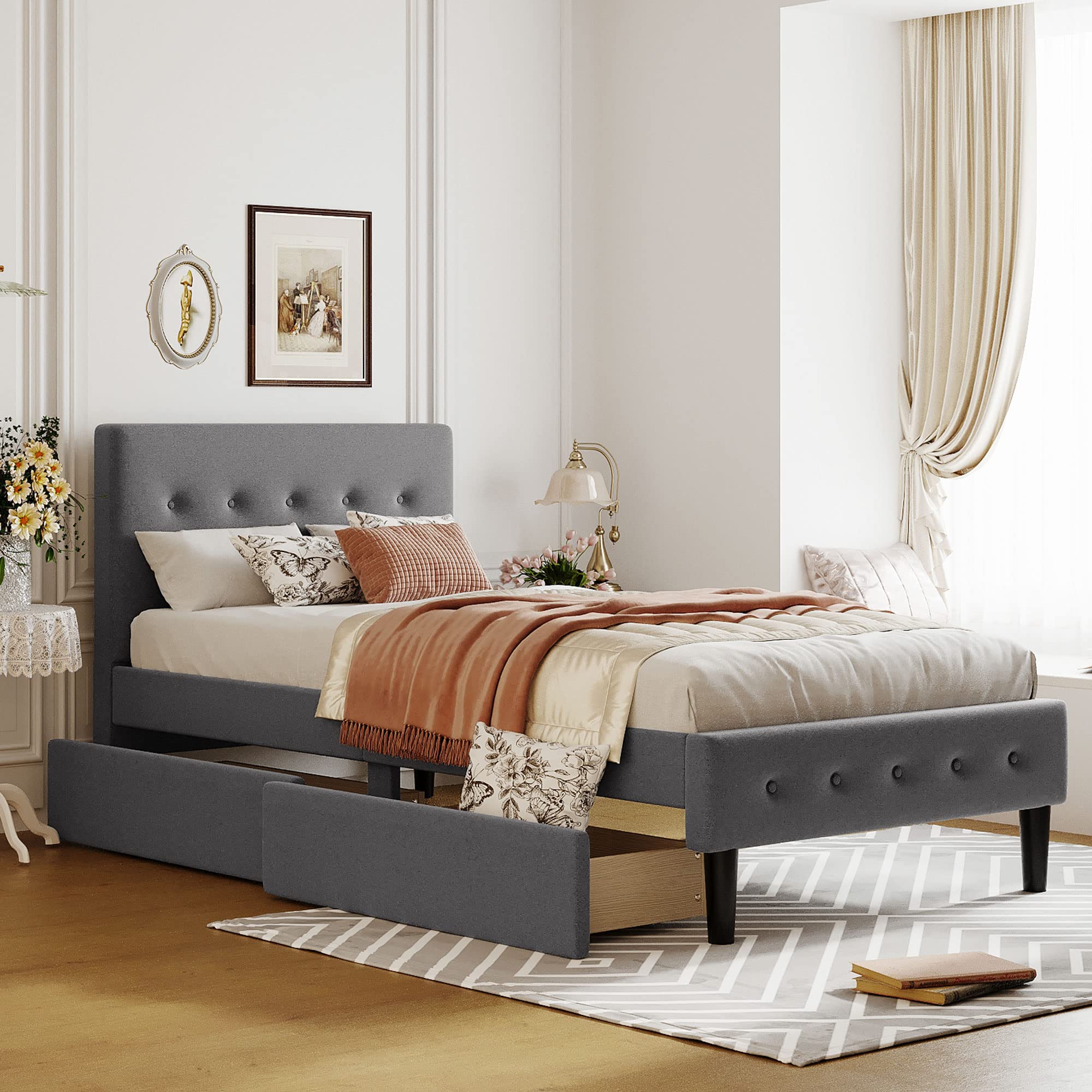 MERITLINE Twin Storage Bed Frame with 2 Drawers - Upholstered Platform Bed with Headboard - Wooden Bed Frame with Underbed Storage - No Box Spring Needed (Twin Size, Gray) - Perfect for Small Bedrooms, Kids Rooms & Space-Saving Solutions