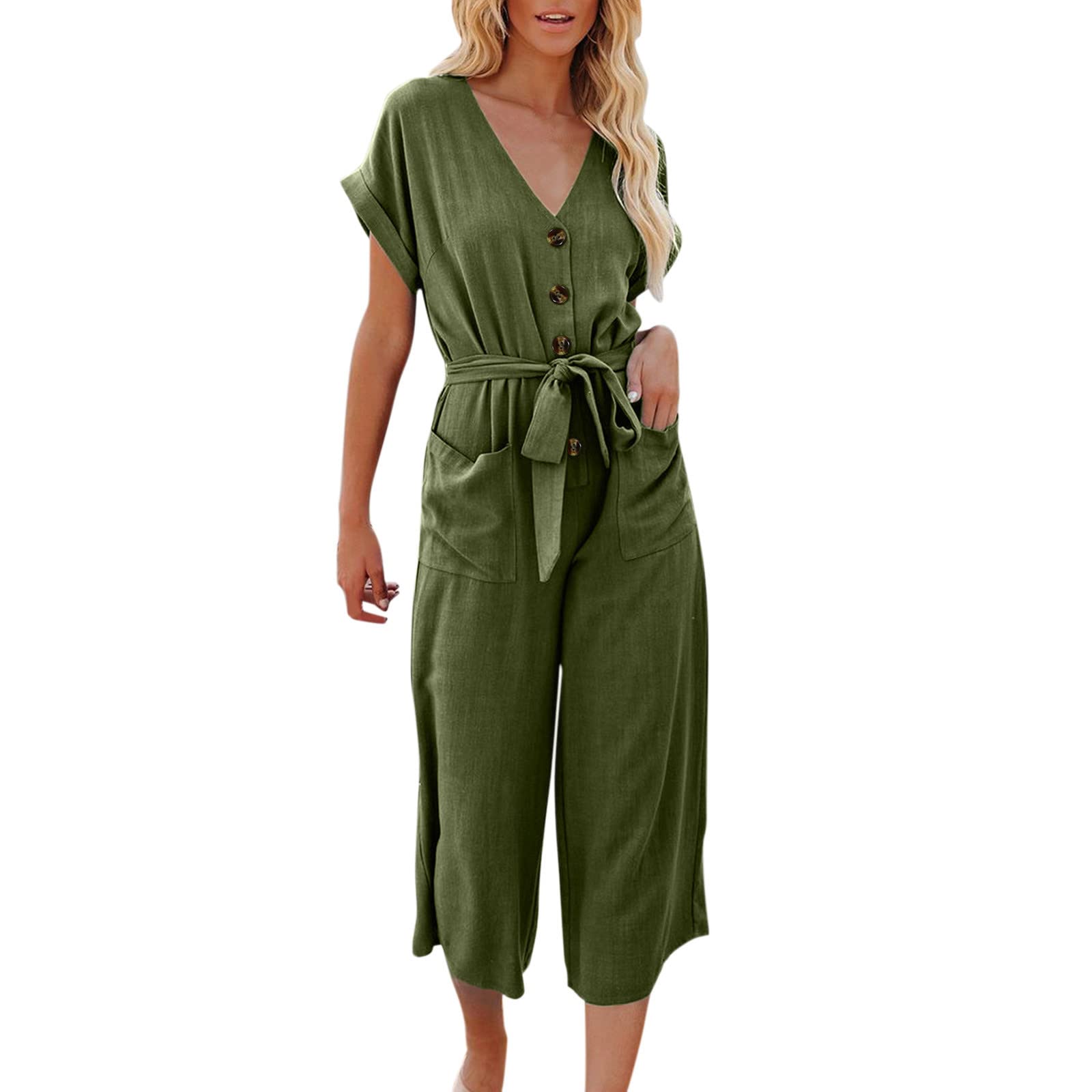 Gibobby Women's Sexy Casual Summer Jumpsuit - Short Sleeve Crewneck Romper with Drawstring Elastic Waist | Perfect for Beach Outings, Date Nights & Summer Vacations