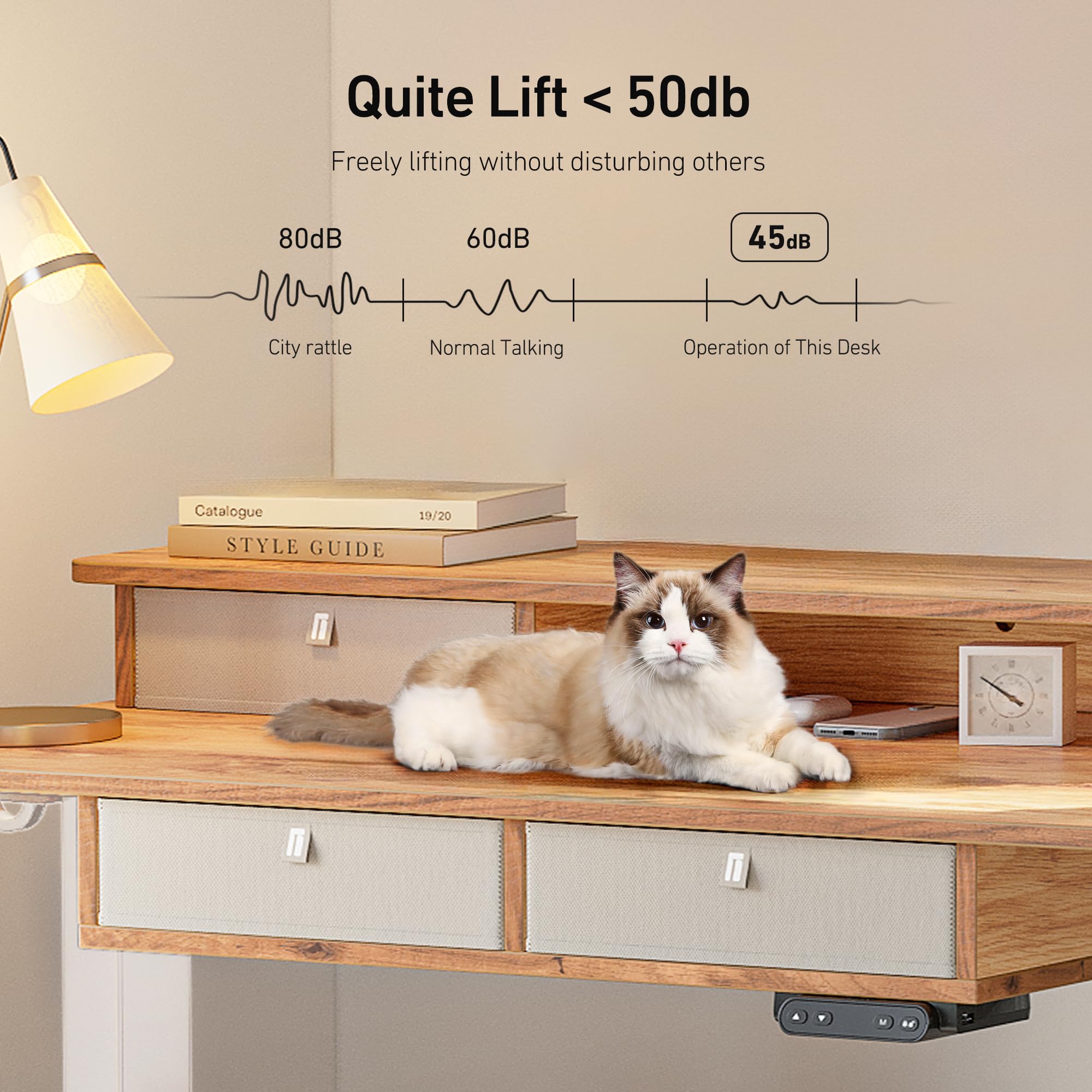 FEZIBO 48 x 24 Inch Electric Standing Desk with Drawers - Adjustable Height Sit Stand Workstation, Large Storage Shelf, Light Rustic Brown Top - Perfect for Home Office, Gaming Setup & Remote Work