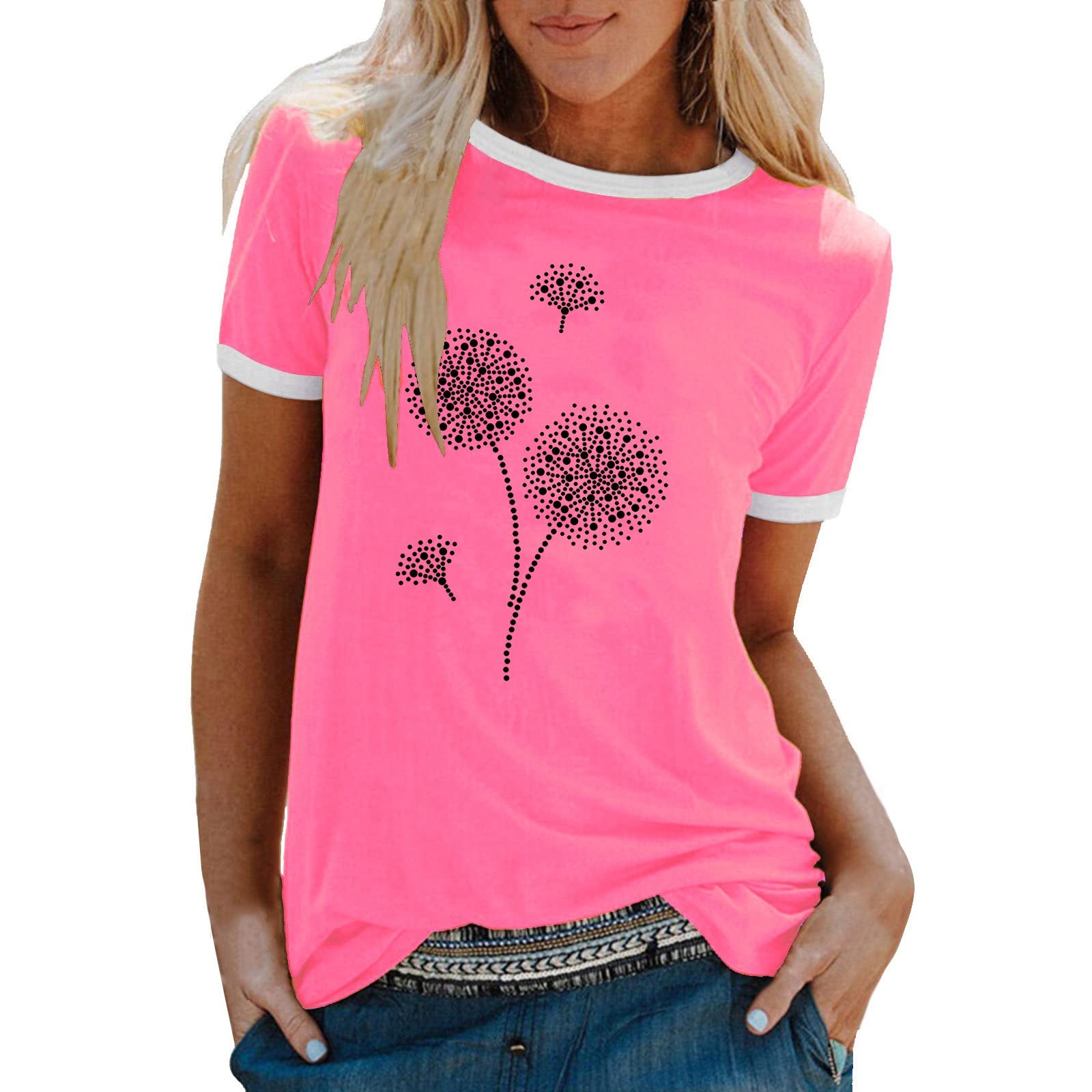 Women's Corset Top Summer Casual T-Shirt - O-Neck Dandelion Print Short Sleeve Contrast Color Blouse for Outfits, Date Night & Beach Wear