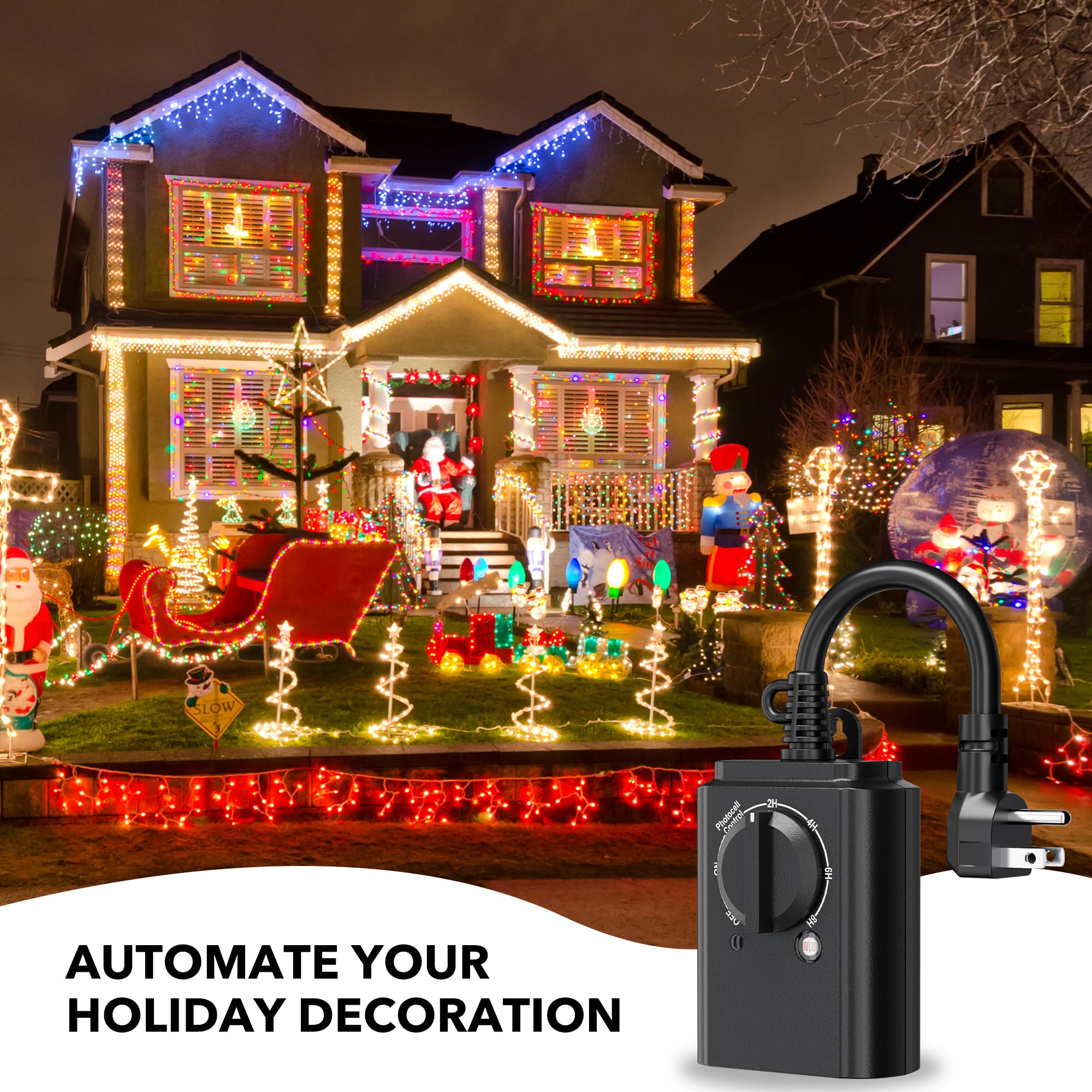 BN-LINK Outdoor 24-Hour Timer with Photocell Light Sensor - Waterproof Countdown Timer (2/4/6/8 Hours Mode) - Weatherproof Electrical Outlet Timer for Garden Lights, Holiday Decorations & Pool Pumps - 2 Pack Grounded Outlets for Home & Outdoor Use