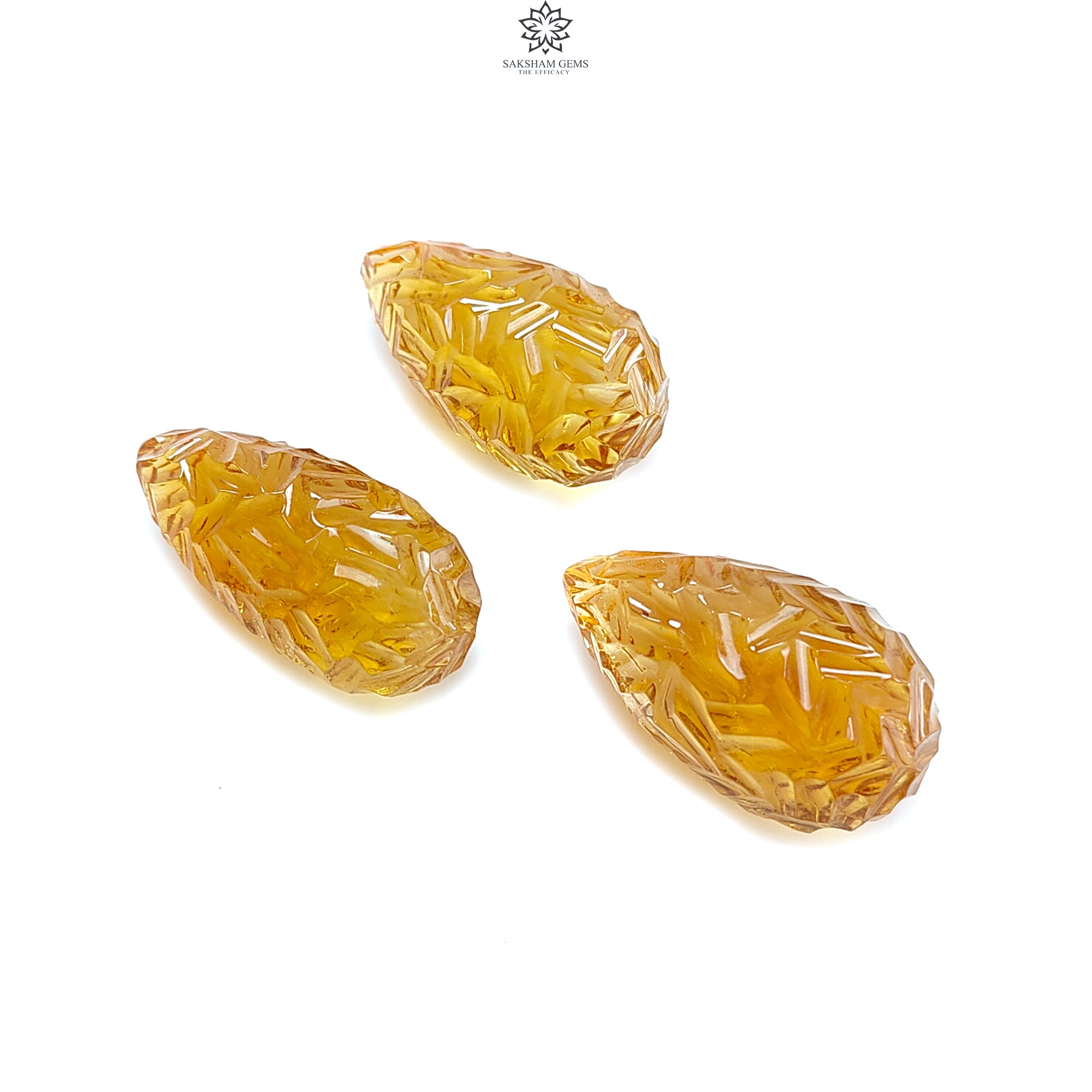 Natural Untreated Yellow Citrine Gemstone Carving - 100.00cts Hand Carved Teardrop Shape 26mm-27mm (3pcs Set) November Birthstone for Jewelry Making, Healing Crystals & Gift Giving