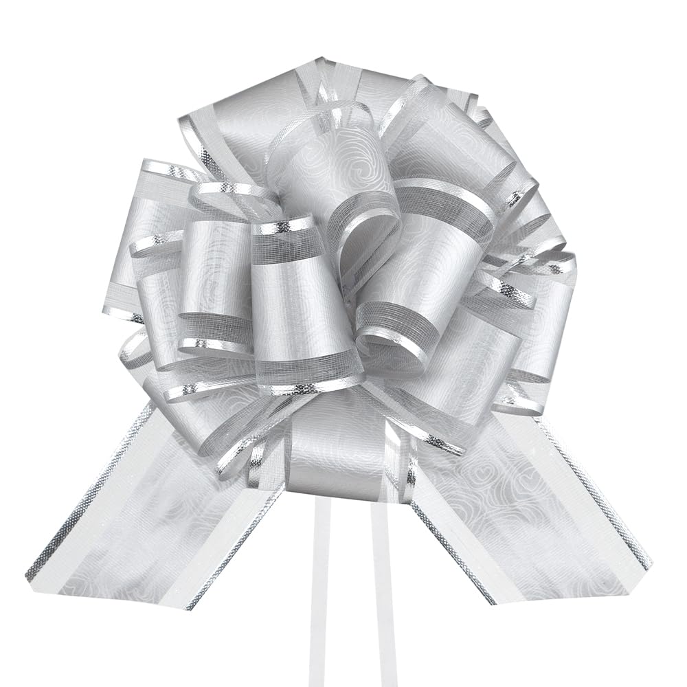 6-Piece Silver Pull Bow Gift Wrapping Ribbons - 6 Inch Wedding Present Bows for Packages, Gift Baskets, Christmas Decorations, Bridal Showers & Party Supplies (Perfect for Holiday Gifts, Wedding Favors & Festive Decor)