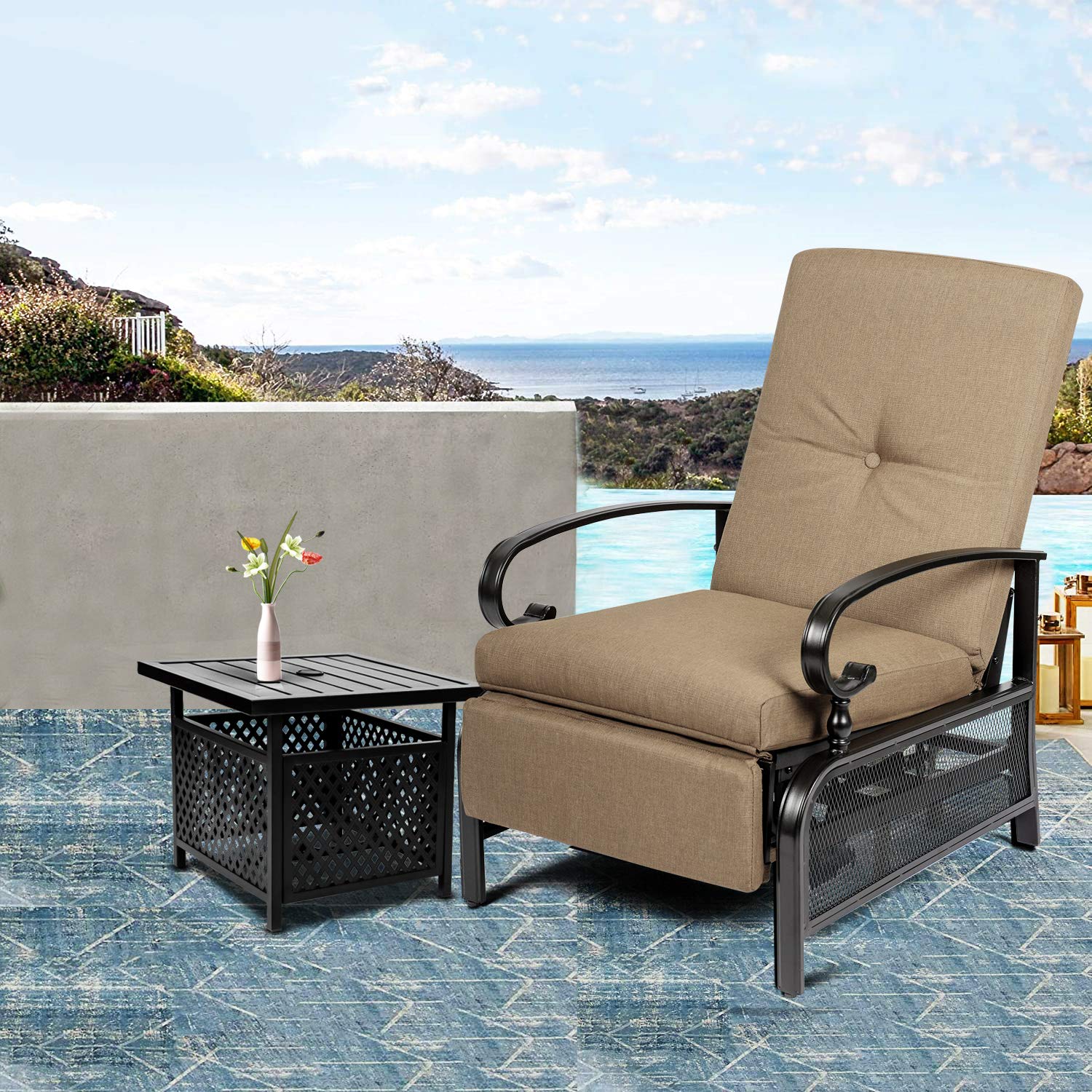 Crownland 2-Piece Outdoor Lounge Chair Set with Adjustable Reclining Patio Chairs & Umbrella Bistro Table - Water Resistant Cushions, Durable Metal Furniture (Brown) - Perfect for Backyard, Poolside & Patio Relaxation