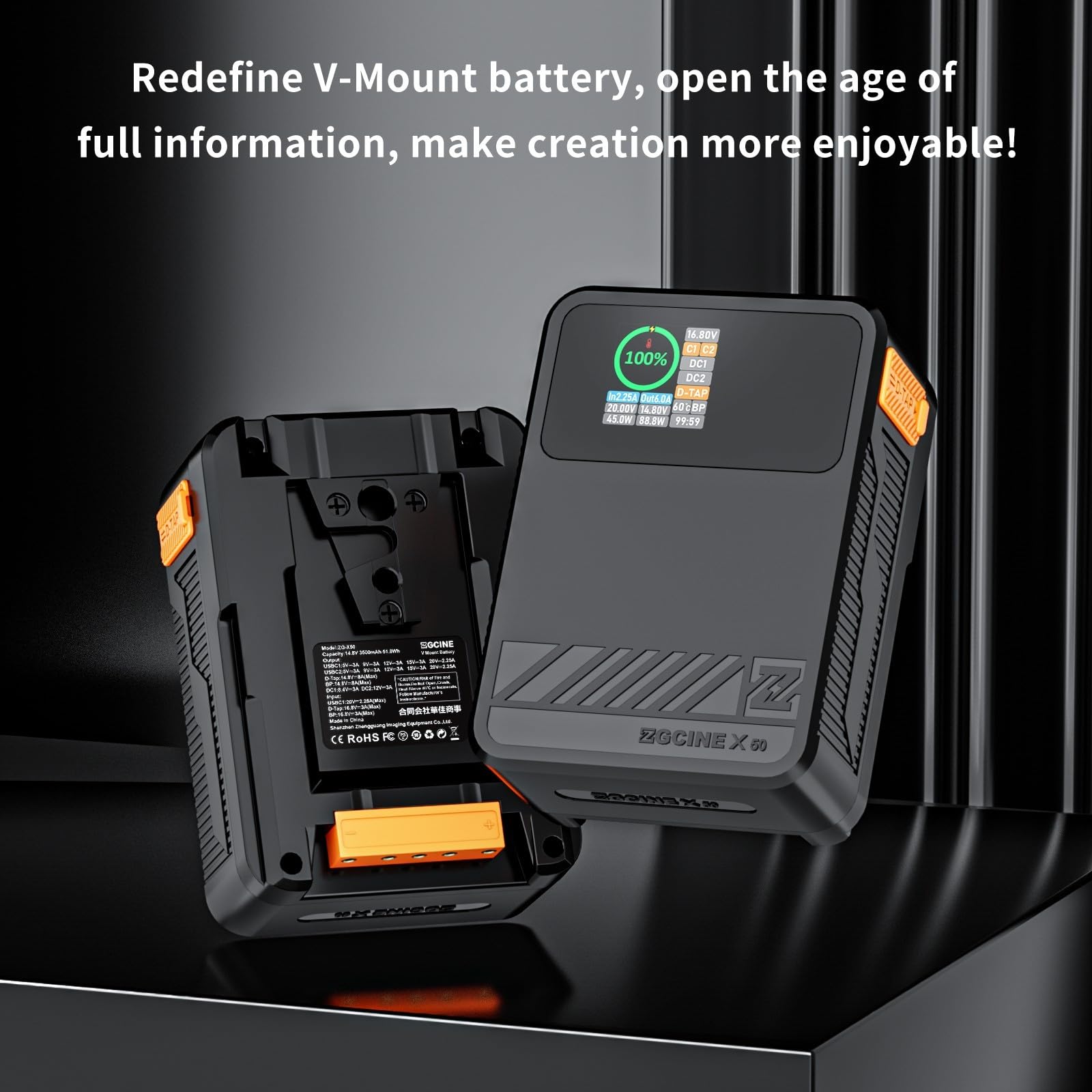 ZGCINE X50 V-Mount Camera Battery - 52Wh/14.8V with 45W PD USB-C Fast Charger & 1.3-inch IPS Screen - Compatible with DSLR, Mirrorless, and Cinema Cameras - Perfect for On-Location Shooting, Studio Photography, and Video Production