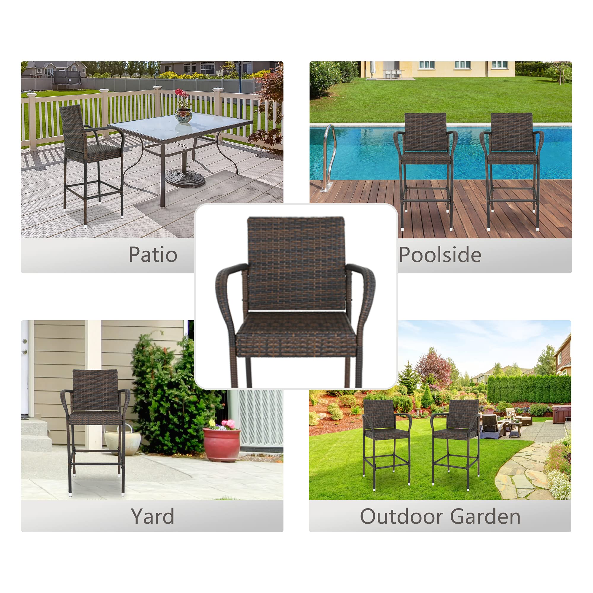 ZENY Set of 2 All-Weather Wicker Bar Stools with Armrests - Outdoor Patio Dining Chairs for Backyard, Poolside & Garden Seating
