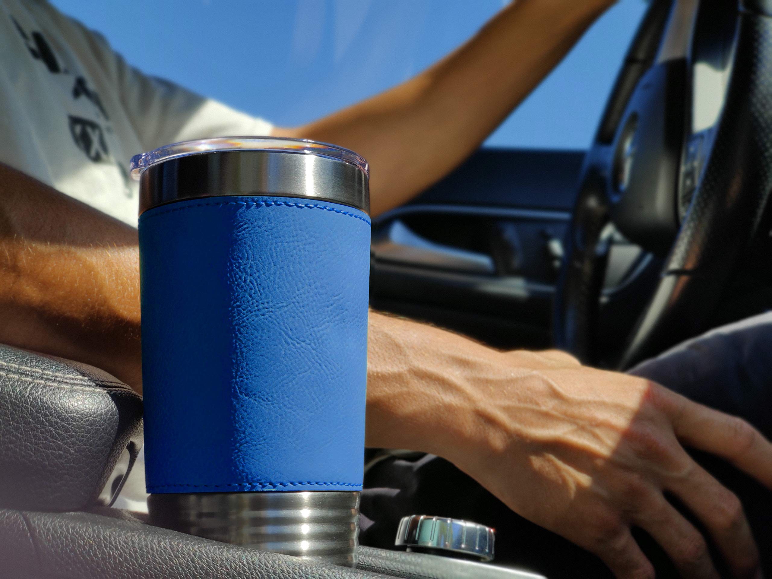 LaserGram 20oz Vacuum Insulated Stainless Steel Tumbler with Crab Design - Personalized Engraving, Faux Leather Base & Blue Finish - Perfect for Coffee, Tea & Cold Drinks at Home, Office or Travel