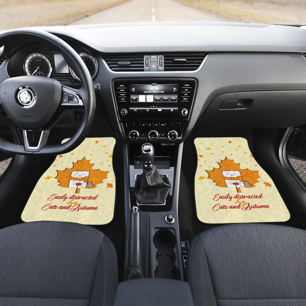 Funny Car Floor Mats - Easily Distracted by Cats & Autumn - Non-Slip Auto Accessories for Cat Lovers & Seasonal Decor - Perfect for Holidays, Gifts & Themed Car Interiors