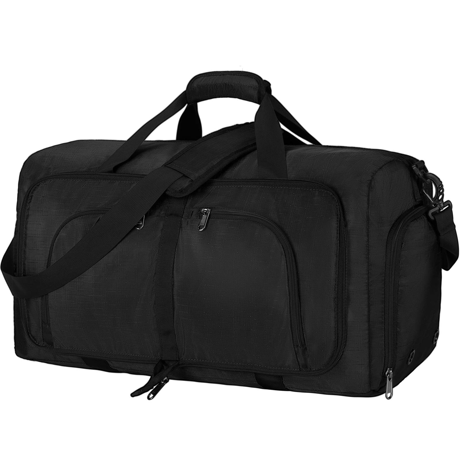 65L Waterproof Foldable Duffle Bag for Travel - Carry On Weekender Overnight Bag with Shoe Compartment for Men & Women | Perfect for Gym, Weekend Trips & Airplane Carry On (Black)