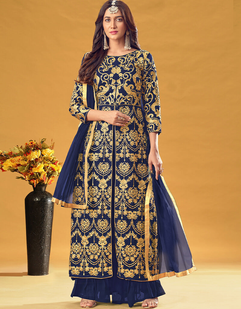 Elegant Blue Georgette Pant Suit for Women - Formal Office Wear & Business Attire | Perfect for Professional Meetings, Interviews, and Corporate Events