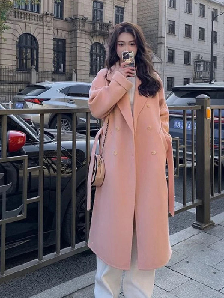 Women's Faux Wool Belted Double Breasted Long Coat - Notched Collar Full Sleeve Loose Fit Jacket for Autumn | Casual Outerwear for Work, Dating & Fall Fashion