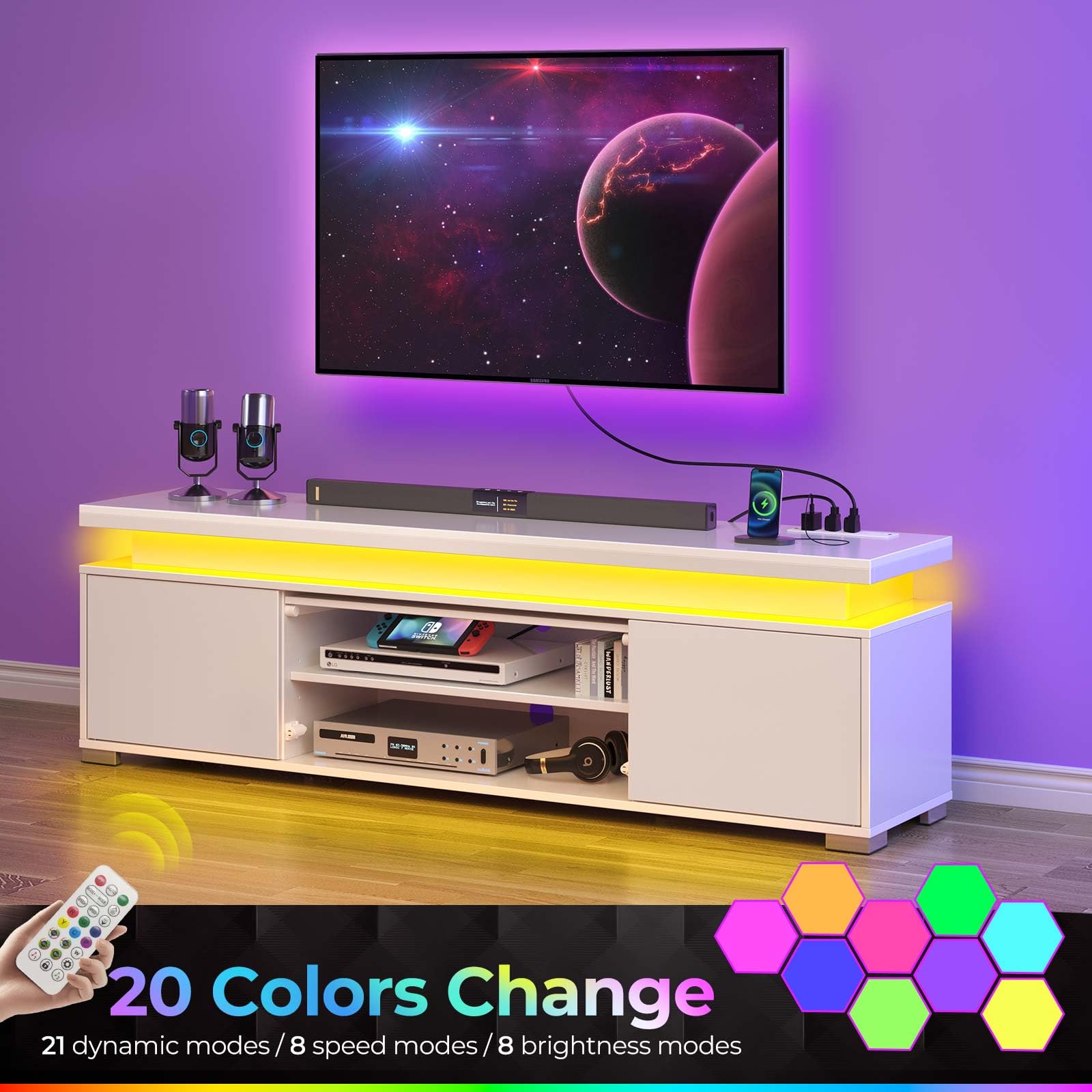 Rolanstar Modern TV Stand with LED Lights & Power Outlet - Universal Entertainment Center for 32-65 Inch TVs, Gaming Media Storage Cabinet with Large Storage Space - Perfect for Living Room, Bedroom & Home Theater (White)