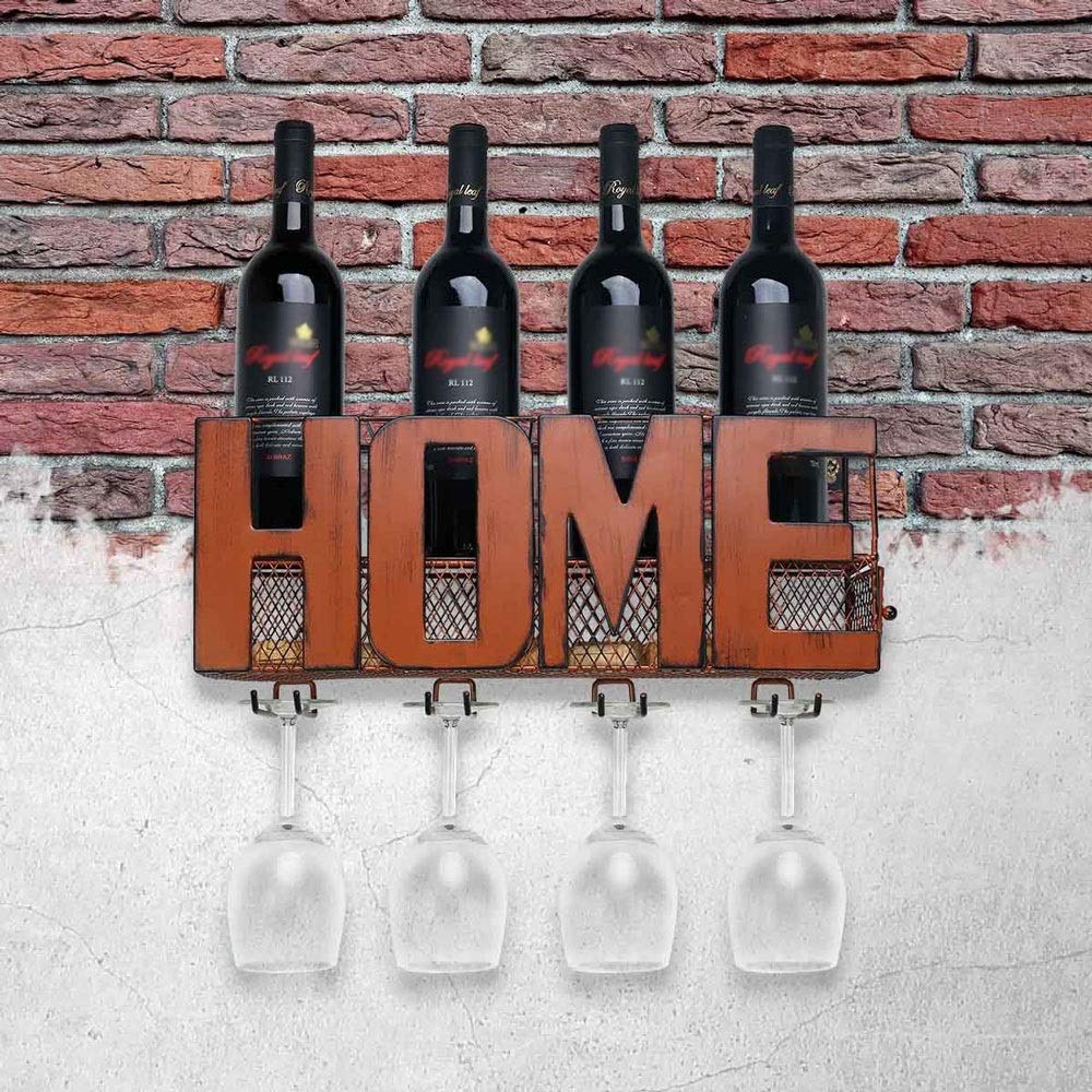Wall Mounted Metal Wine Rack with 4 Long Stem Glass Holders - Wine Cork & Charms Storage Organizer - Space Saving Kitchen Decor for Home Bar, Dining Room or Pantry