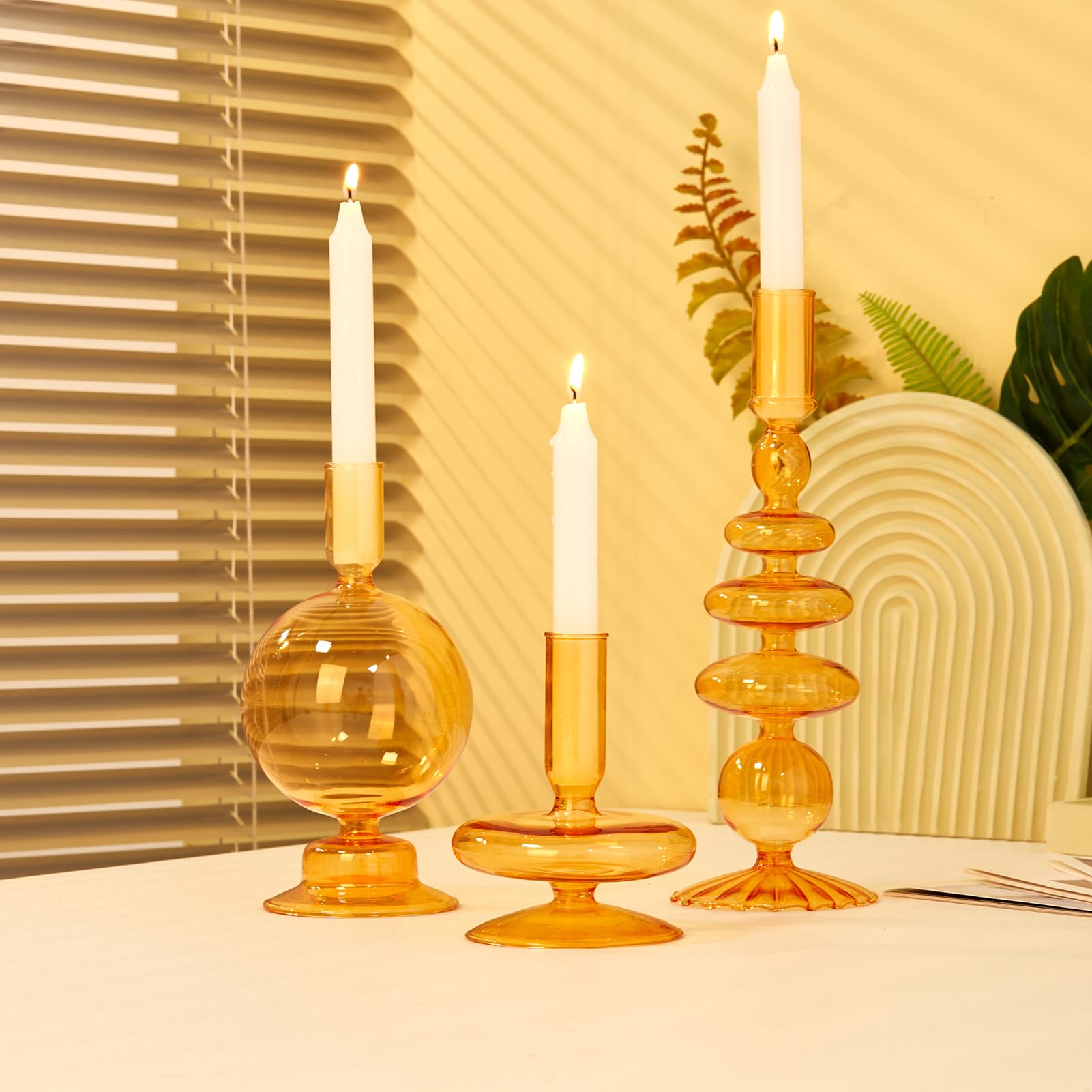 Modern Glass Taper Candle Holders - Elegant Table Centerpiece for Weddings, Dinner Parties & Home Decor - Orange Candlestick Stands for Romantic Ambiance & Holiday Celebrations